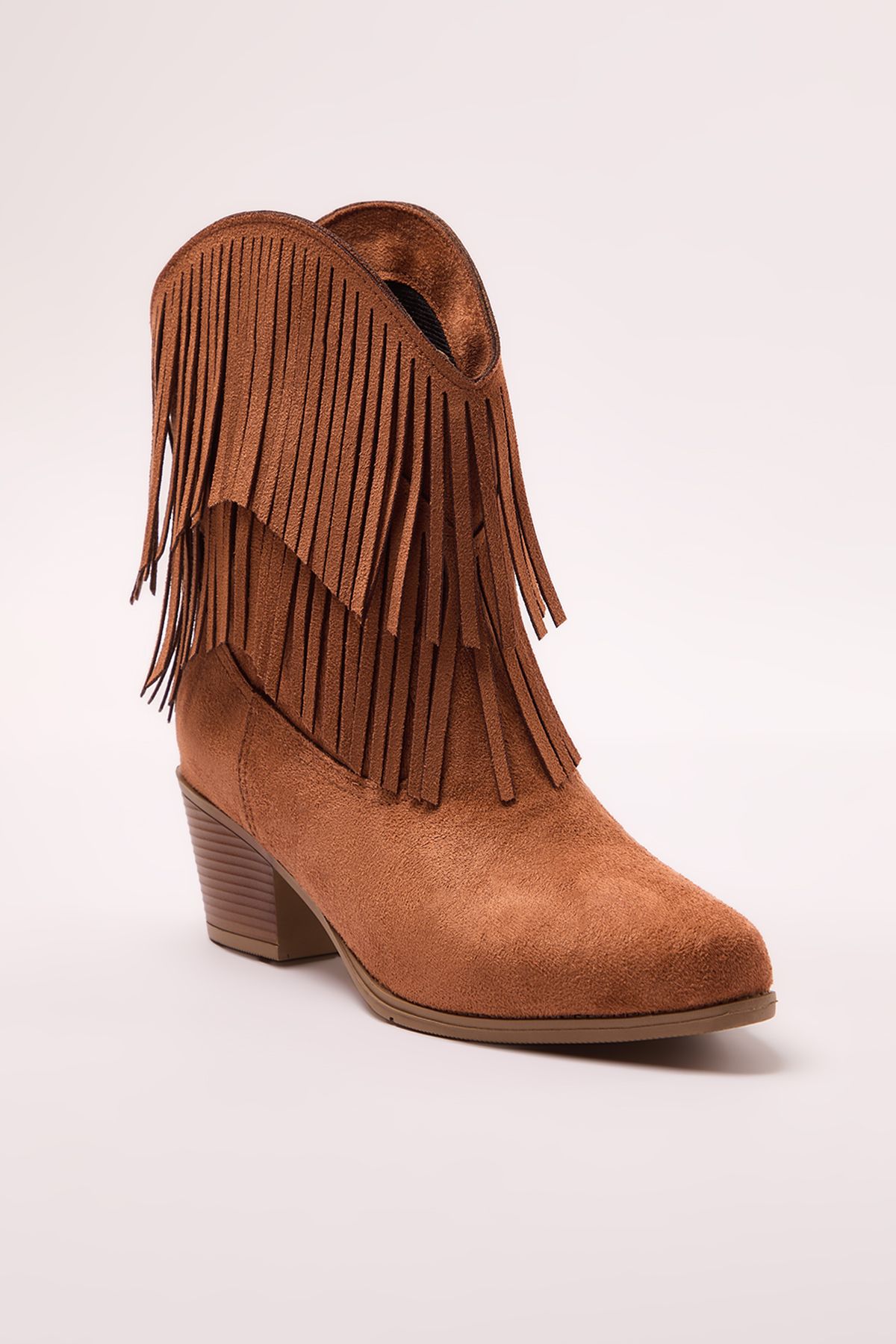 TRENDYOL SHOES-Brązowe zamszowe buty kowbojskie z frędzlami na obcasie blokowym w kolorze tan Takaw25Bo00031 5