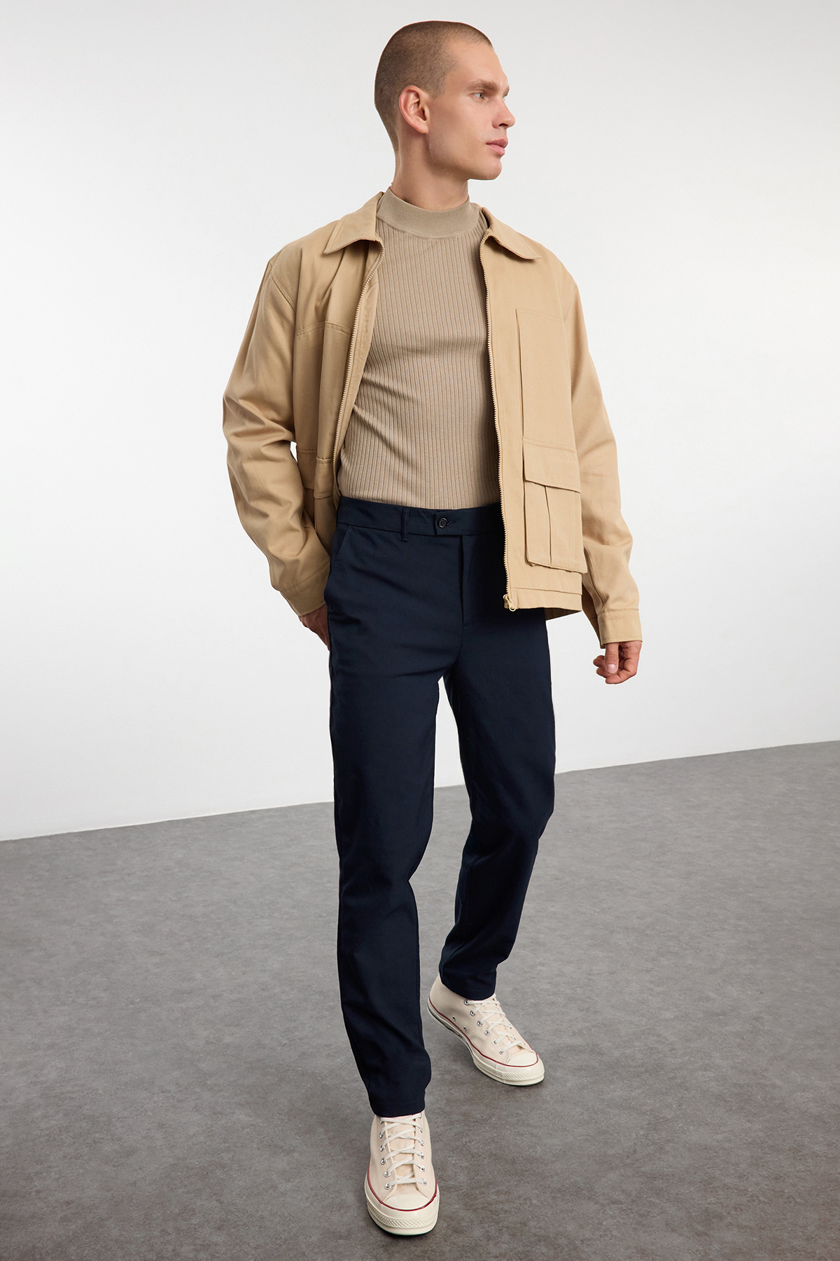  Trendyolmilla Man Lacivert Gri Slim Fit ?talyan Kesim Chino Kuma? Pantolon