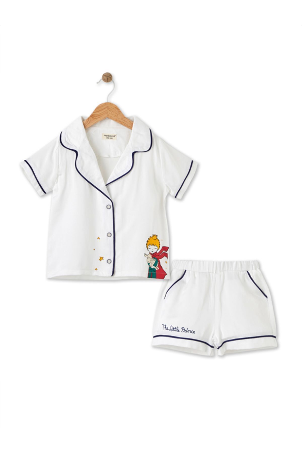 Maya And Luca-Boy's White Satin Pajama Set - Little Prince Patterned, Apache Collar 2