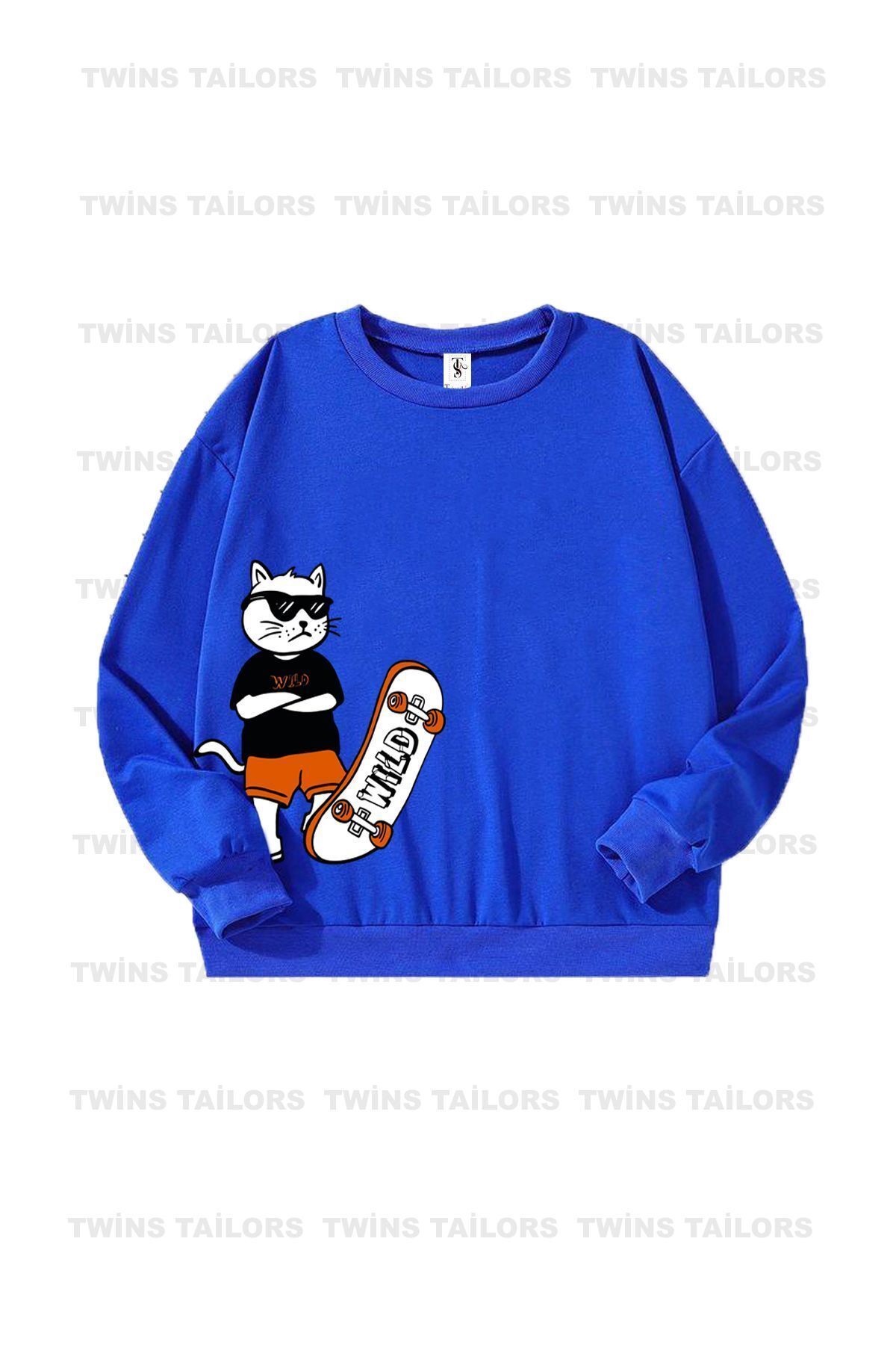 Kaykaylı Kedi Baskılı 3lü Paket Unisex Saks Mavisi-Gri-Lacivert Bisiklet Yaka Çocuk Sweatshirt