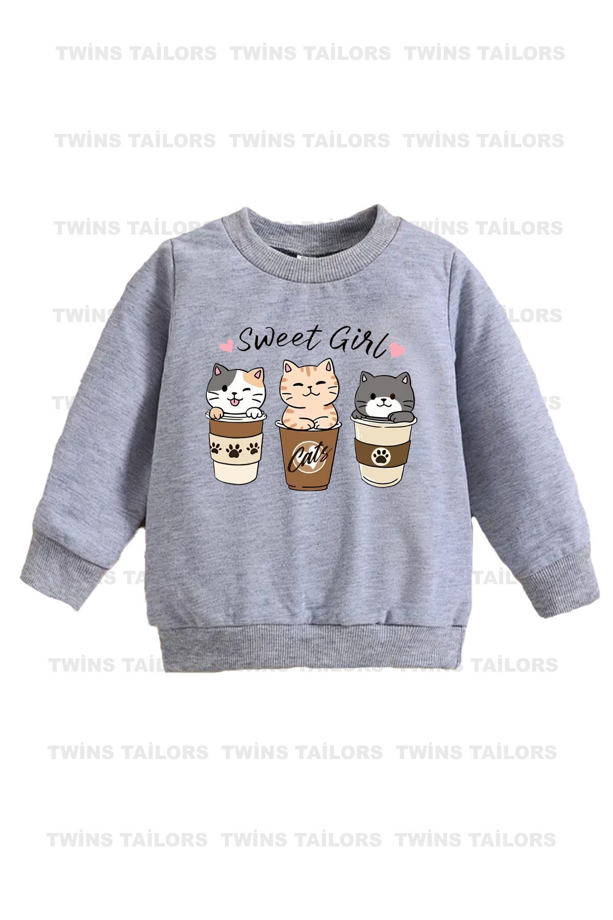 İçi polarlı Kalp Baskılı Kırmızı-Gri-Siyah Üçlü Bisiklet Yaka Kız Çocuk Sweatshirt