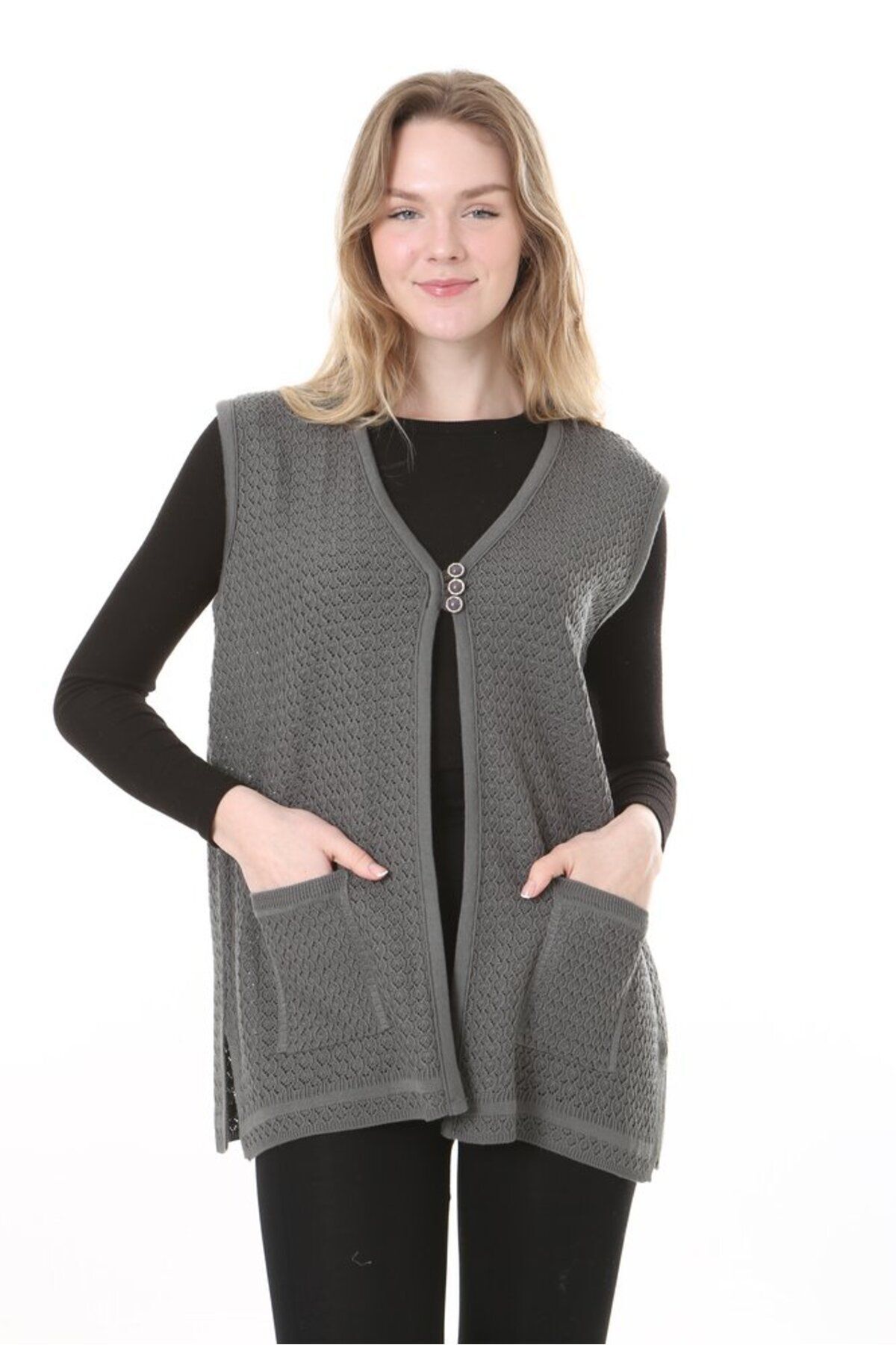 Lamierra-Mercerized Woven - Mother Classic Vest with Three Buttons on the Front and Double Pockets 4