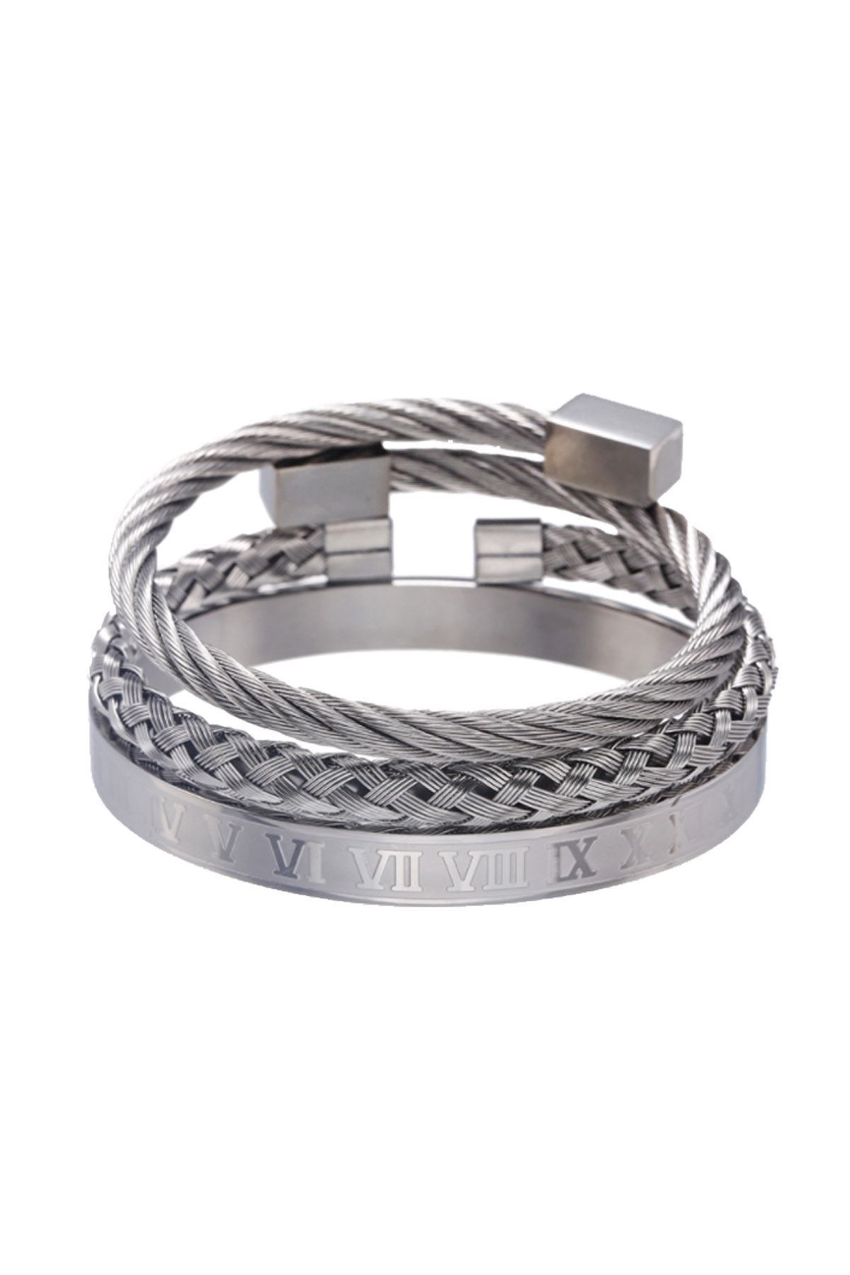 Chavin 3 Piece Knitted Roman Numeral Handcuffs Steel Men s Bracelet Ep44 Trendyol