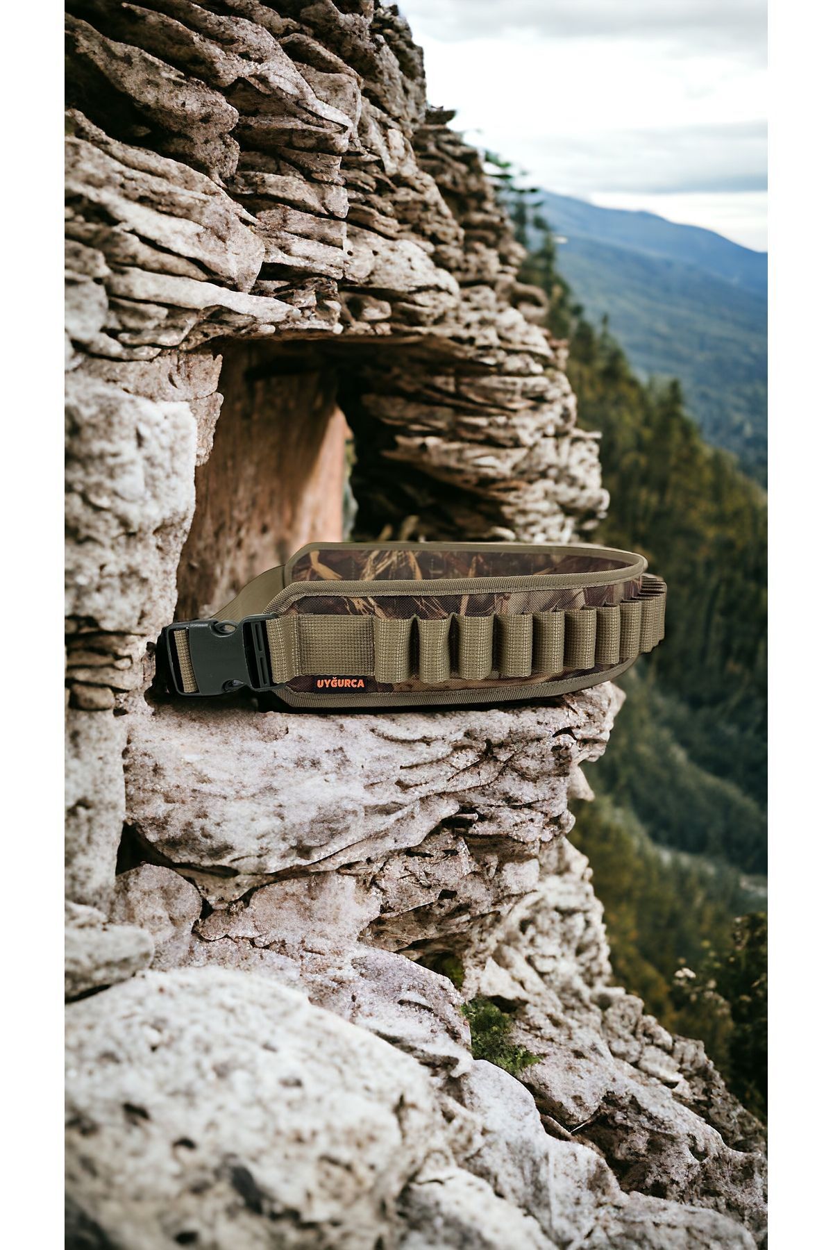 UYĞURCA 30 Fişek Kapasiteli Açık Fişeklik - Bej Şeritli Sazlık Desen Kumaş - 12 Calibre