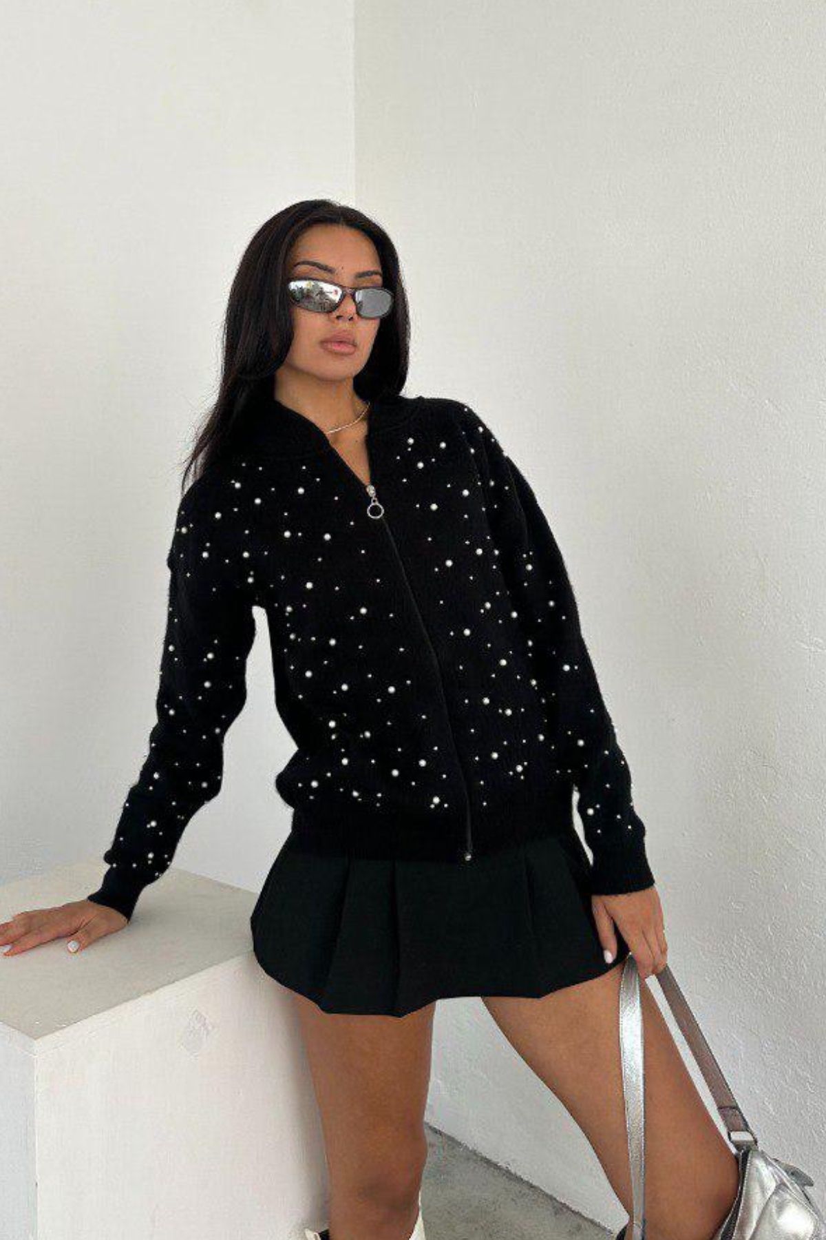 Ded COLLECTION-Cardigan de damă cu fermoar cu perle 2