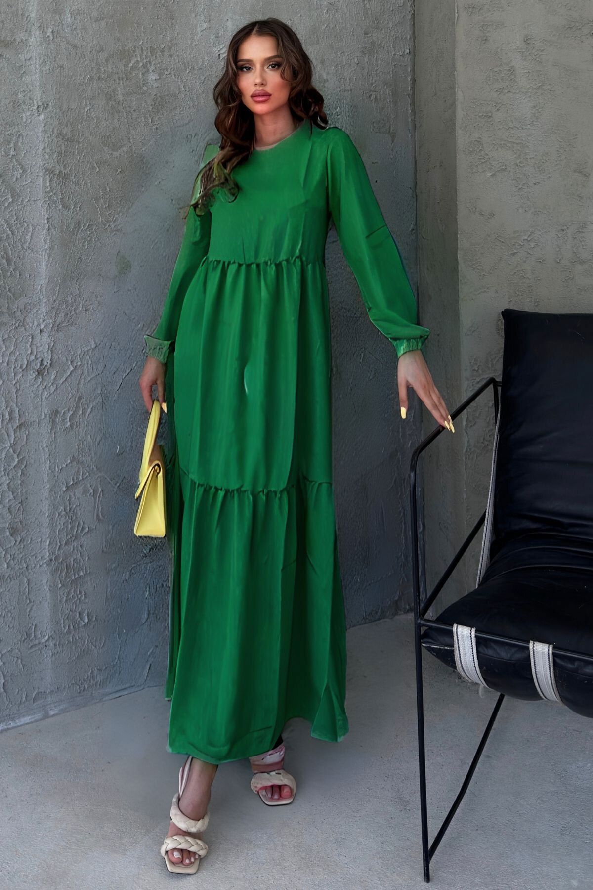 Women's Green Crew Neck Long Sleeve Ruffle Dress