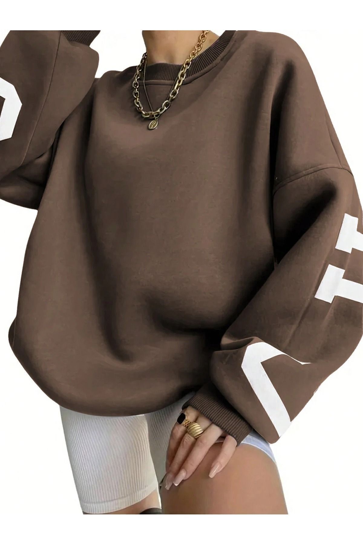 Know  Kadın 3 Iplik Kahverengi Kolları Chicago Baskılı Oversize Bisiklet Yaka Sweatshirt - Görsel 2