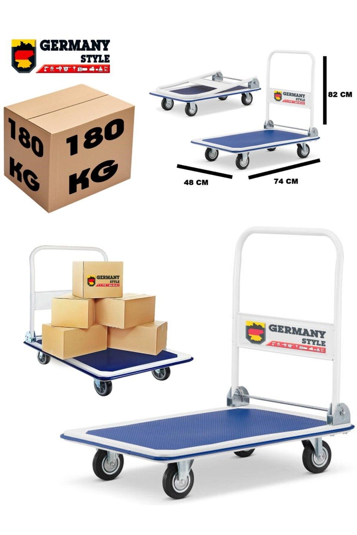 Germany Style Koli Yük Paket Taşıma El Arabası 180 Kg Kapasiteli Katlanır Tablalı