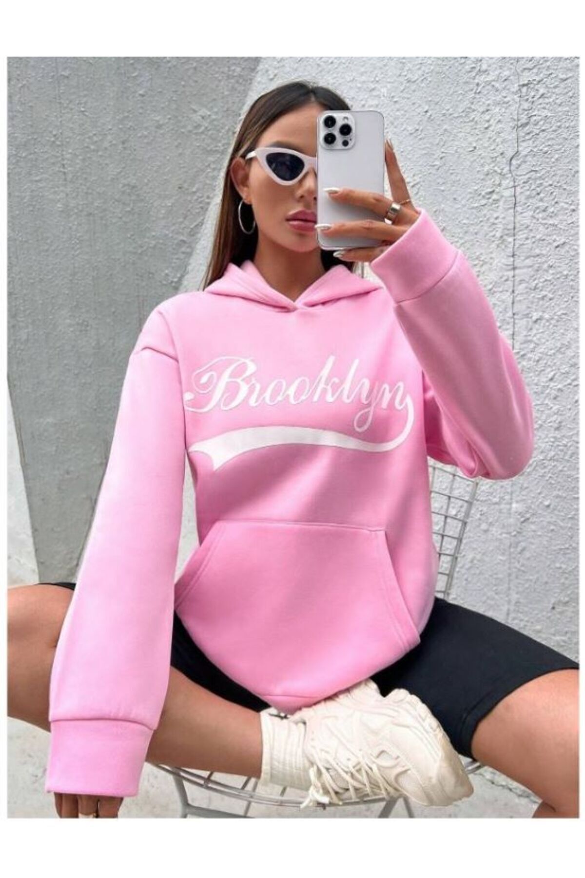 Know Women s 3 Thread Pink New Brooklyn Printed Oversize Hooded Sweatshirt Trendyol
