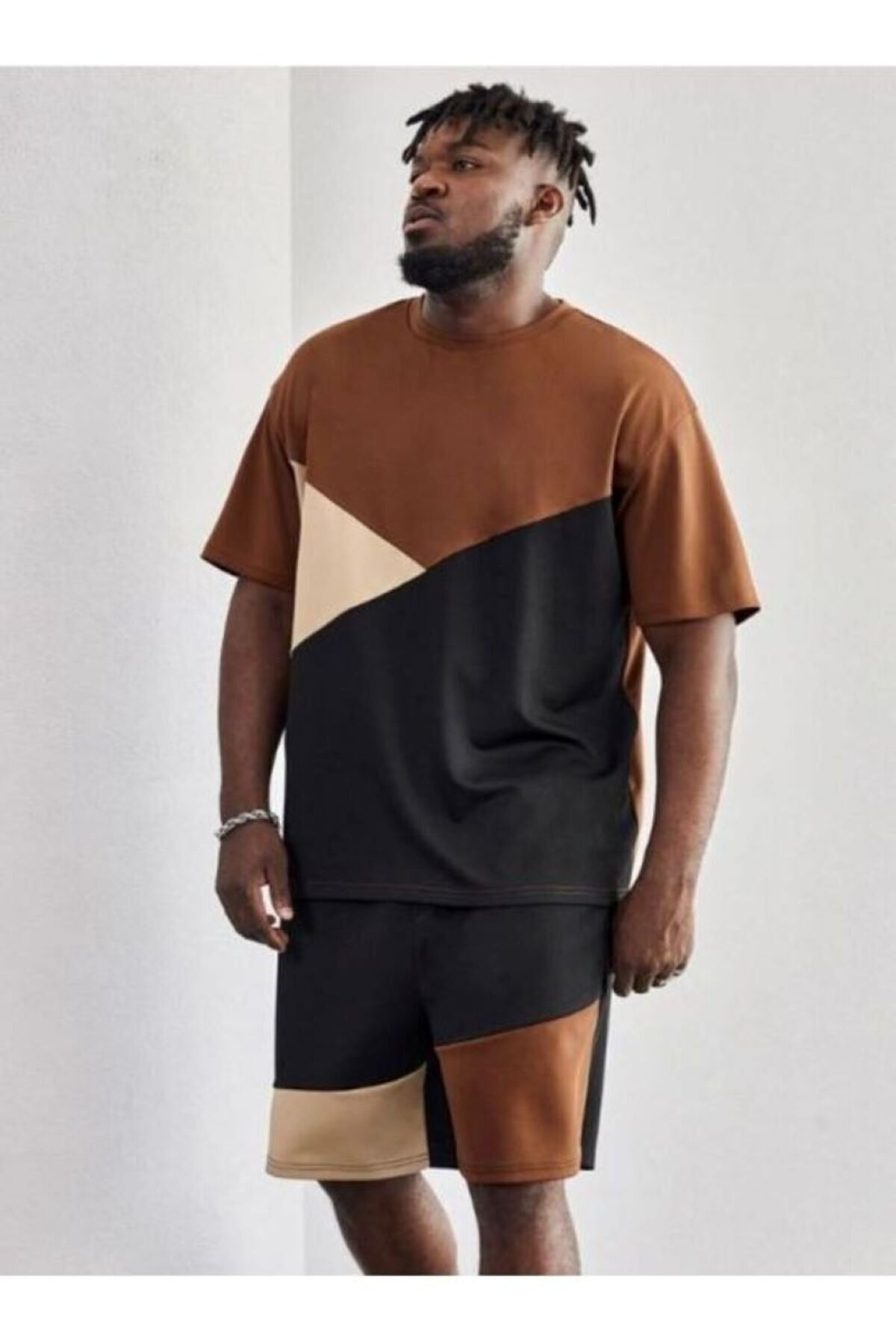 Know-Men's Tan Color Color Block Pattern Oversize Shorts Set 3