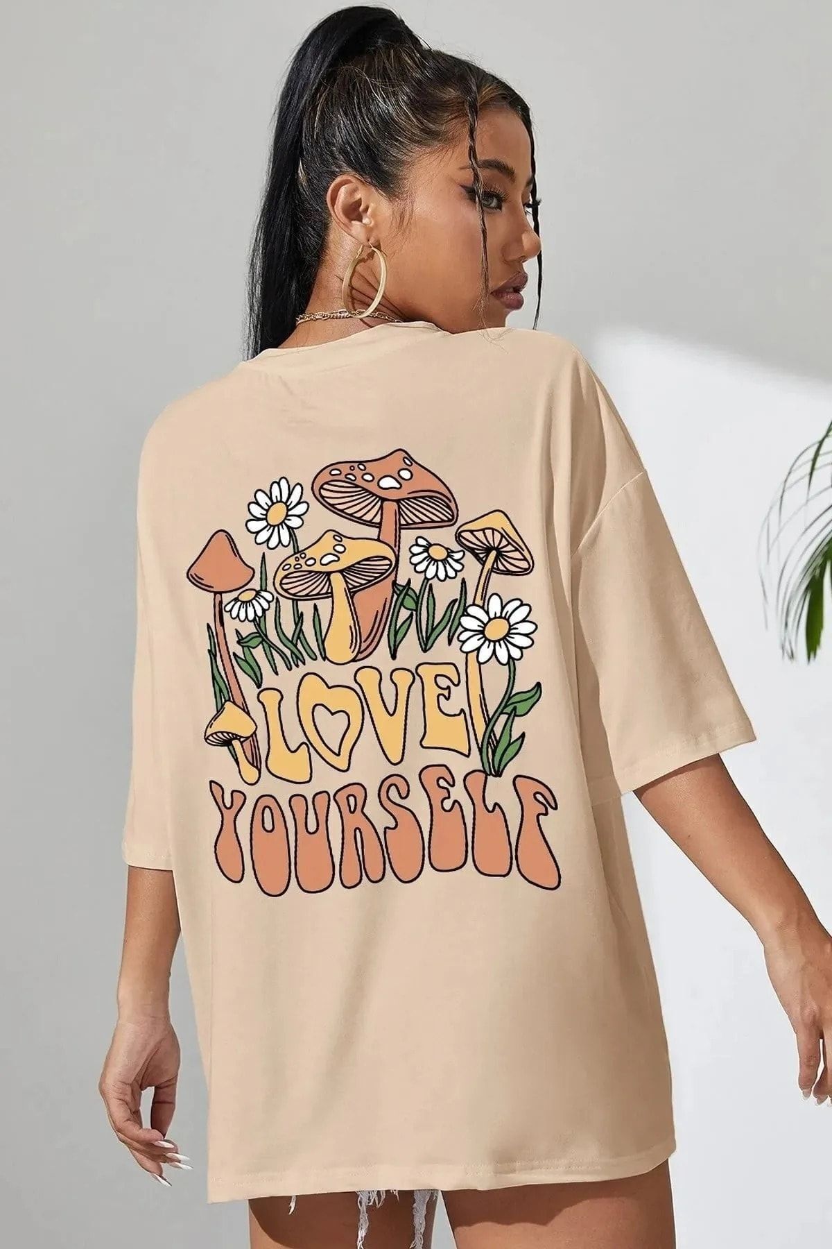 Know-Women's Beige Love Yourself Printed Oversize T-shirt 4