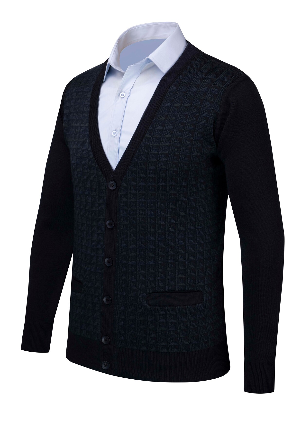 Çizgi Triko  Erkek V Yaka Triko Lacivert Hırka Düğmeli Cep Detaylı Desenli Çelik Örgü Klasik Kalıp - 5002M - Görsel 3