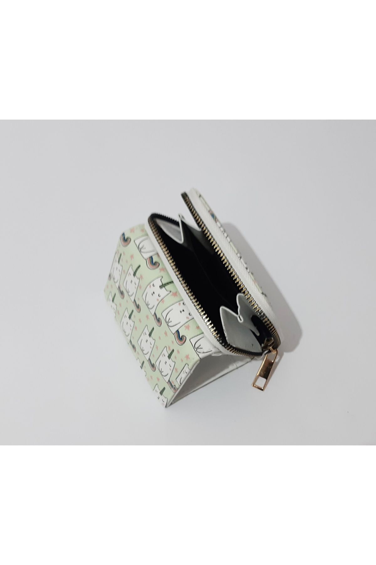 renkli çiçekler-Light Green Cat Patterned 11x8 CM Children's Wallet 7