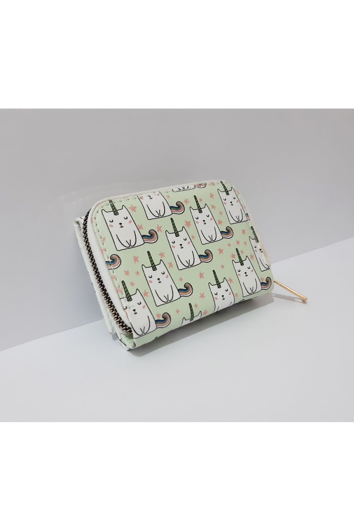 renkli çiçekler-Light Green Cat Patterned 11x8 CM Children's Wallet 6