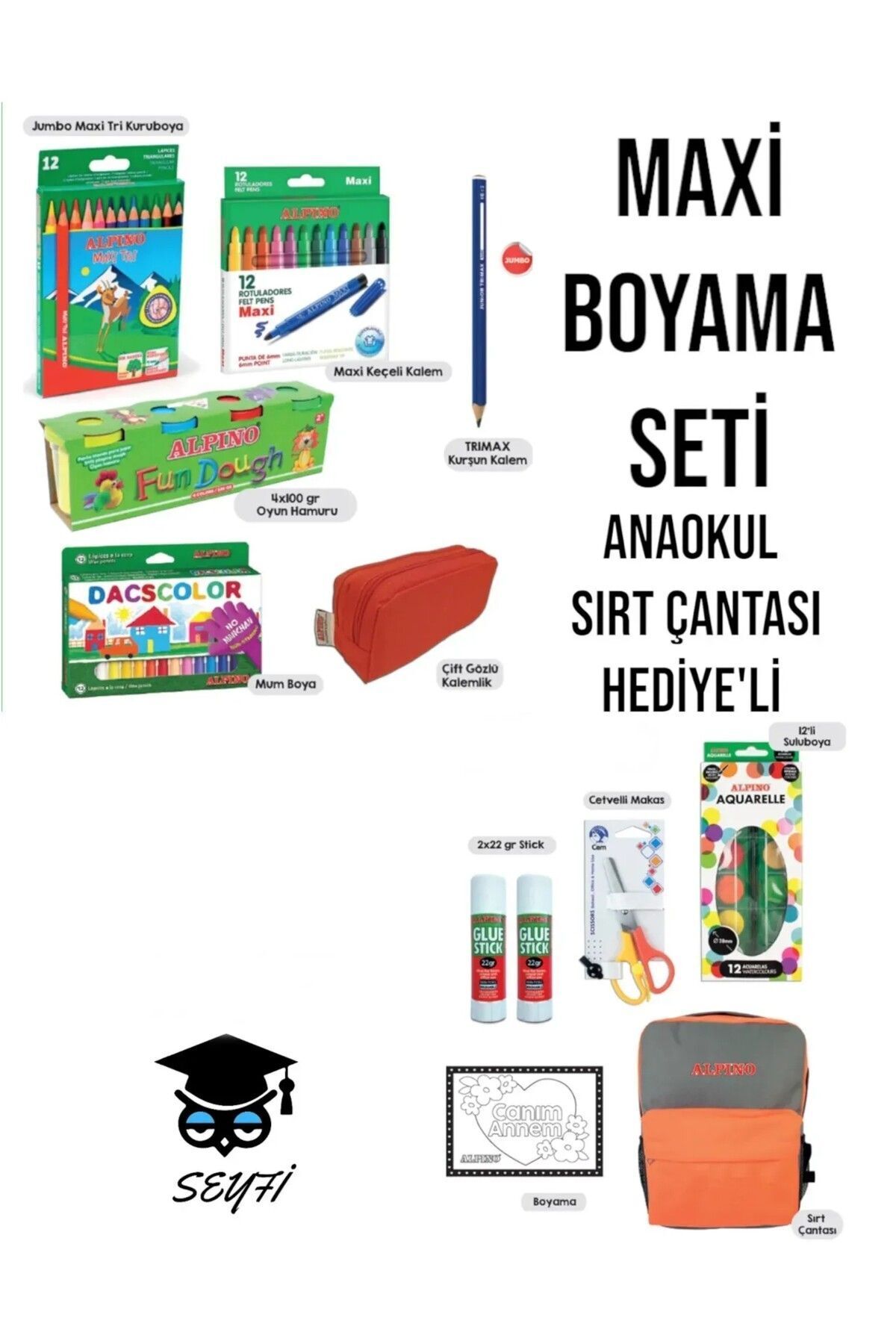 ALPNO Maxi Okul Seti Jumbo Kuru Boya Keçeli Kalem Anaokul Boyu Sırt Çantası