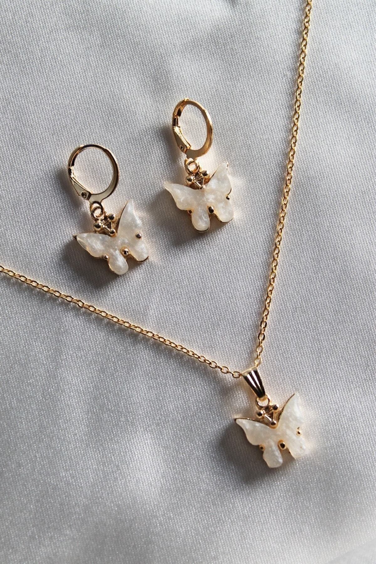 Genel Markalar Kadın Krem Renk Kelebek Kolye Ve Küpe