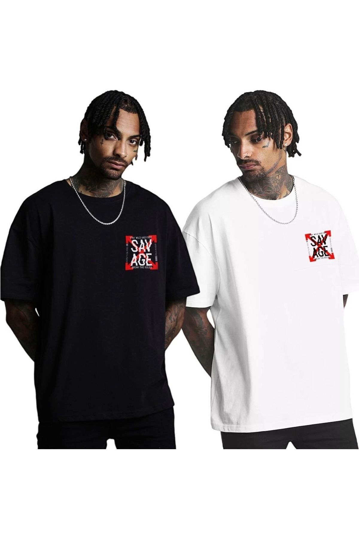 Trendseninle Tricou Unisex Alb-negru Cu Imprimeu Savage Pachet De 2 Tricouri Unisex - M