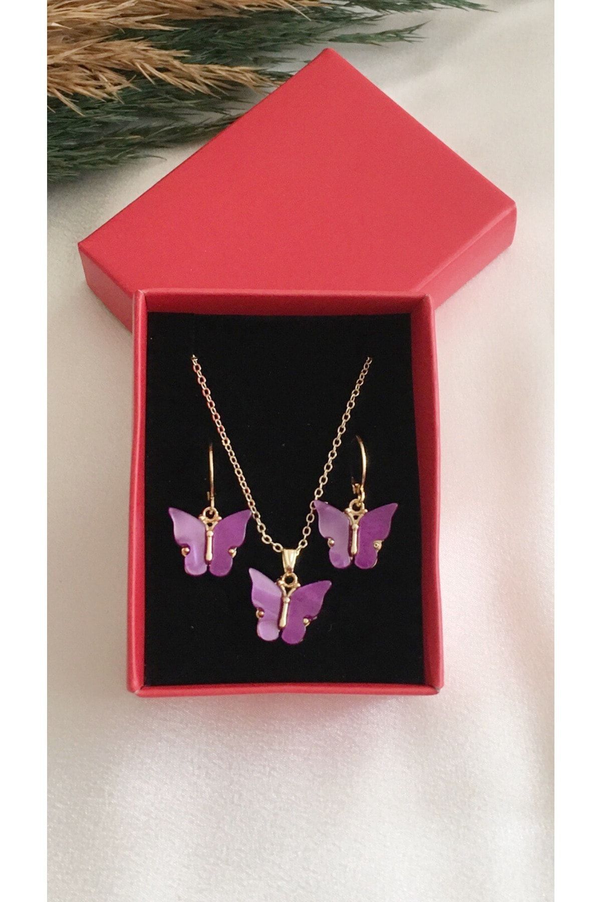 Gizemli Aksesuar Kadın Mor Renk Kelebek Kolye Ve Küpe Seti