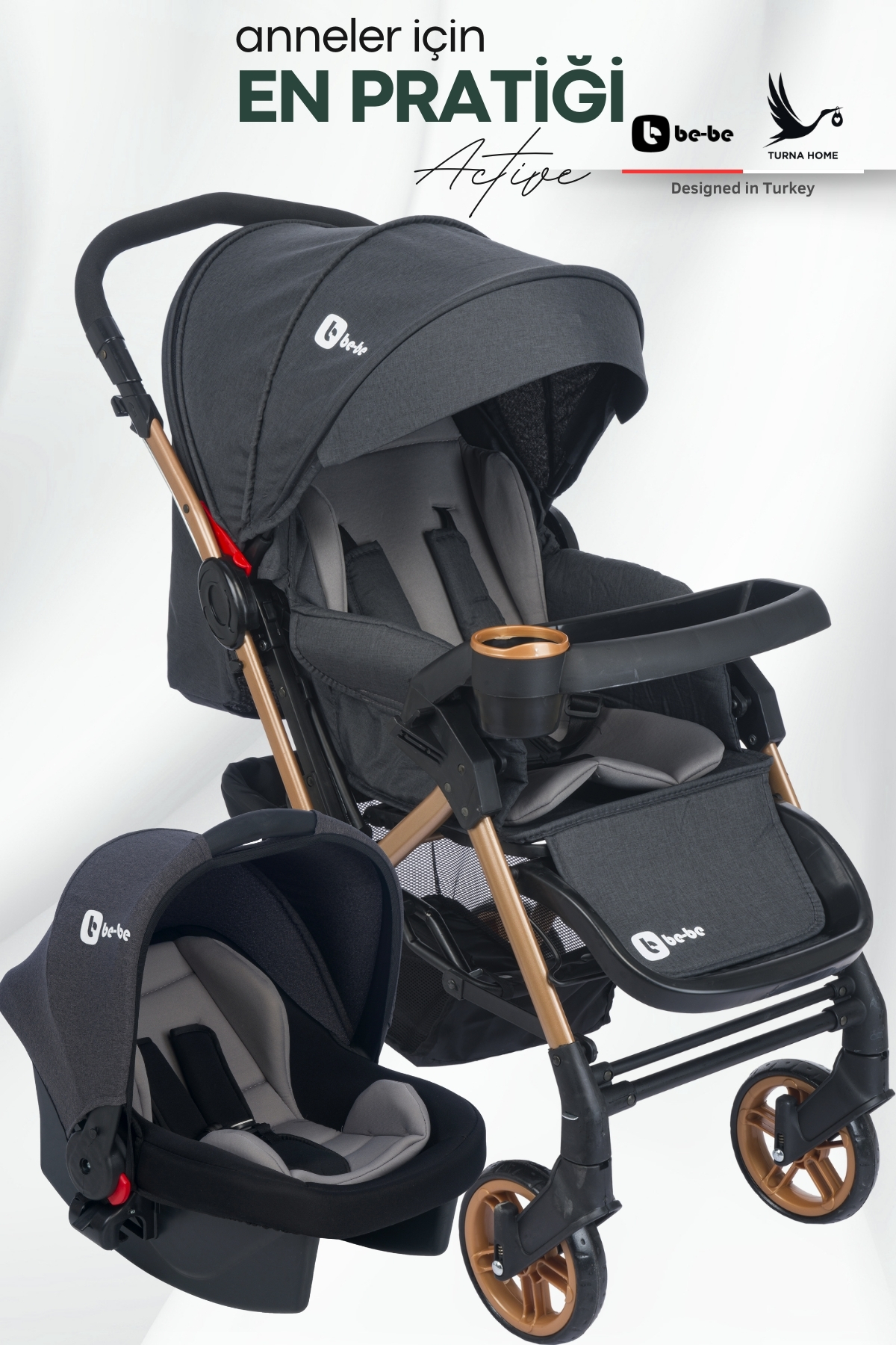 Be-Be Active Travel Çift Yön Tam Yatış Pozisyonlu Pratik Katlanır Mama Tablalı Pusetli Bebek Arabası