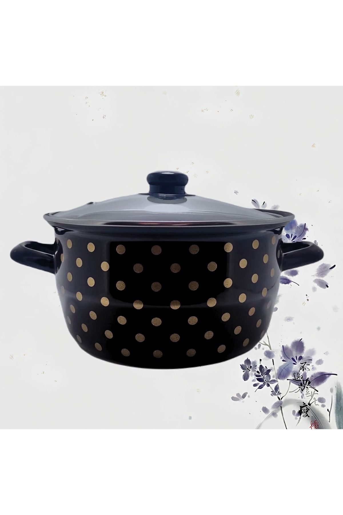 22 Cm Emaye Siyah Gold Puantiyeli Kızartma Fritöz Tenceresi