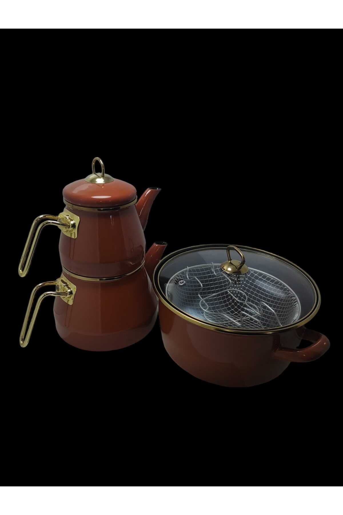 Karamel Renk Emaye Çaydanlık Ve Emaye Kızartma Fritöz Tenceresi Özel Seri