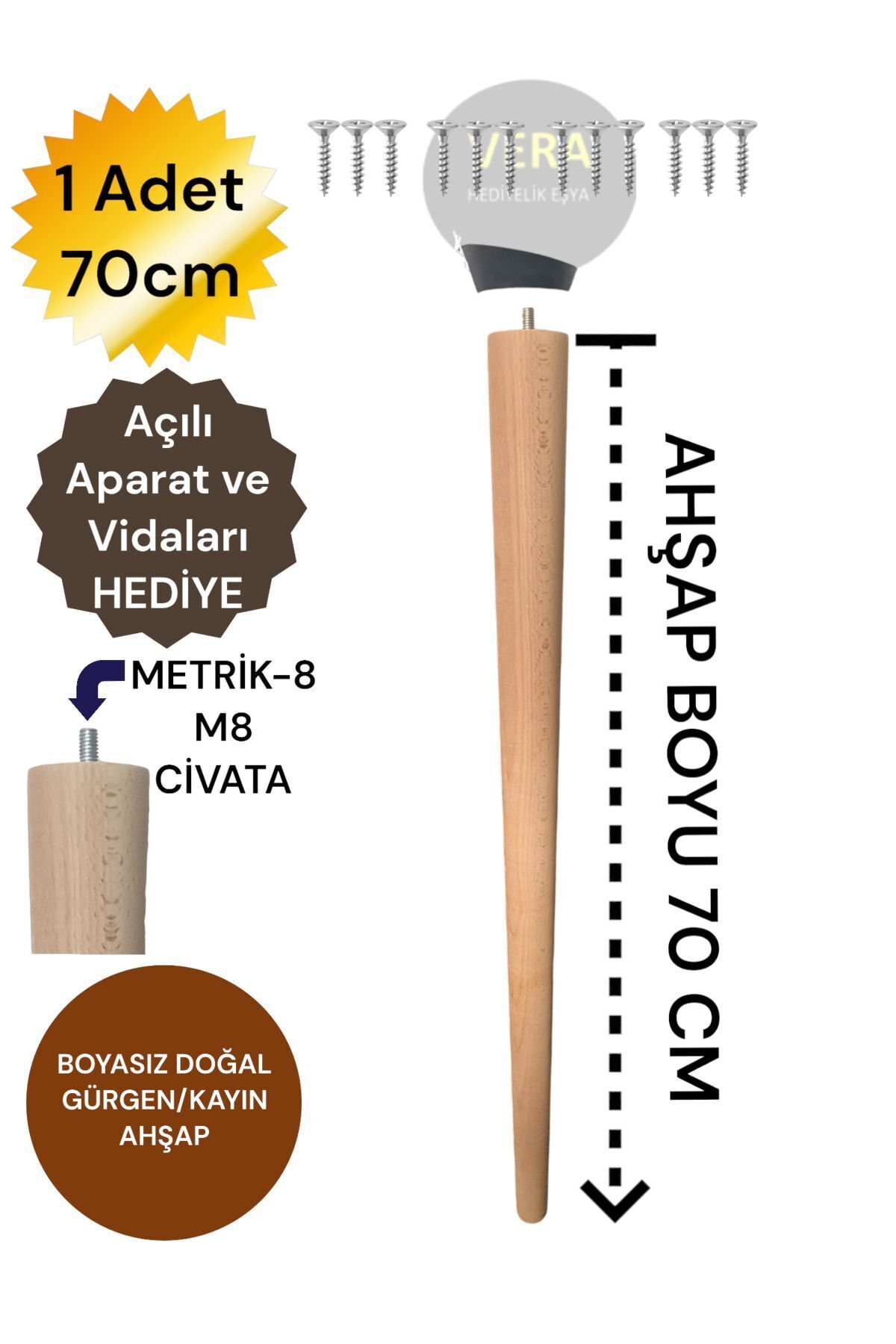 Vera Hediyelik Eşya 70 cm Doğal Ahşap Konik Masa Ayağı Sehpa Ayağı