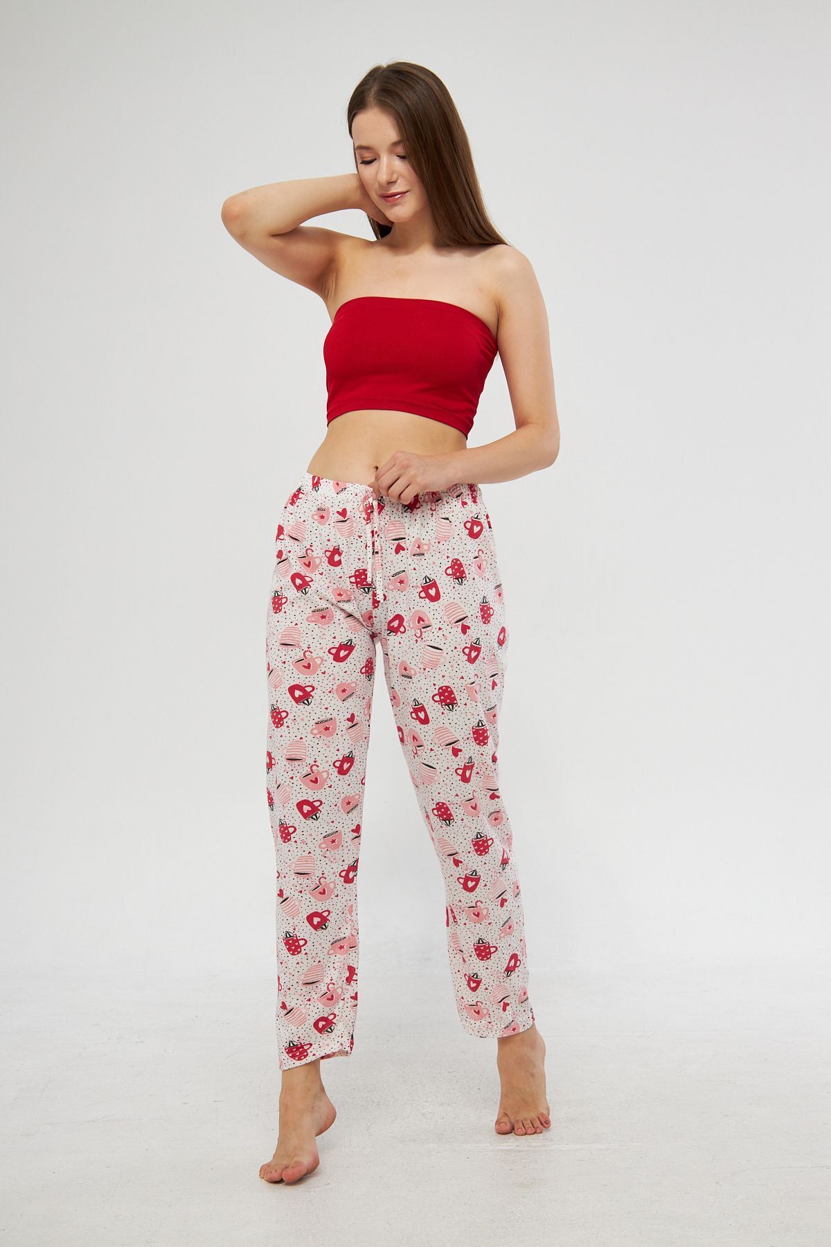 Oyga-Pantaloni de pijama de damă cu panglică cu model - Îmbrăcăminte casual pentru acasă 6