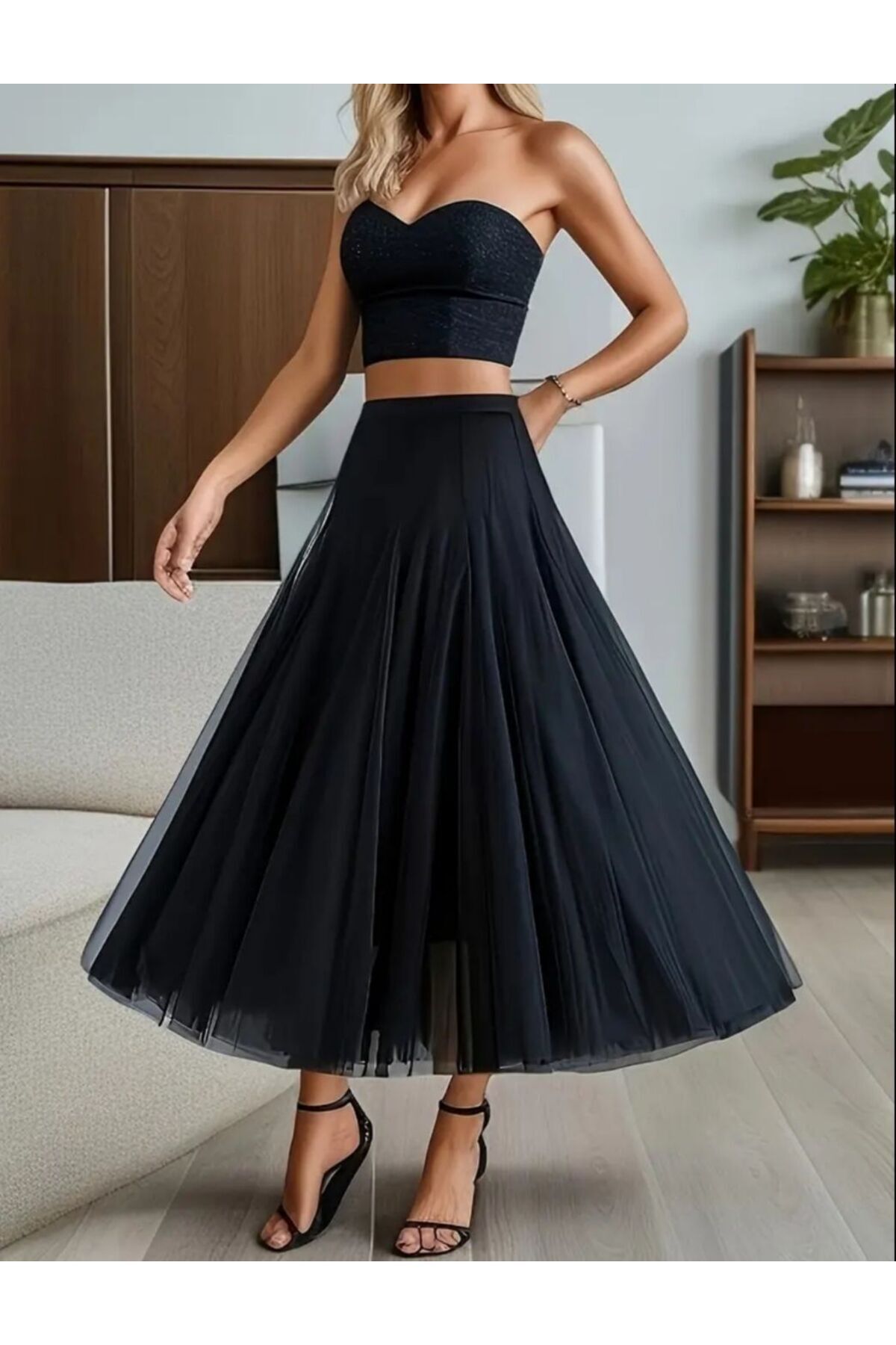 GUUZİA  Parçalı Astarlı Beli Lastikli Siyah Tül Etek - Görsel 2