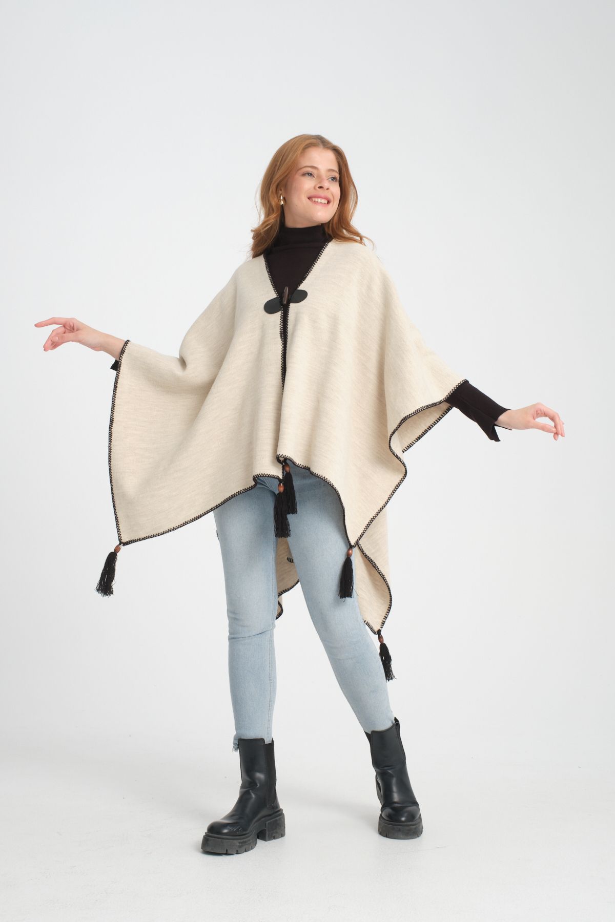VEGA MODA-Stylish Designed Plain Knitwear Poncho - Button Detailed, Patterned and Interlock 2
