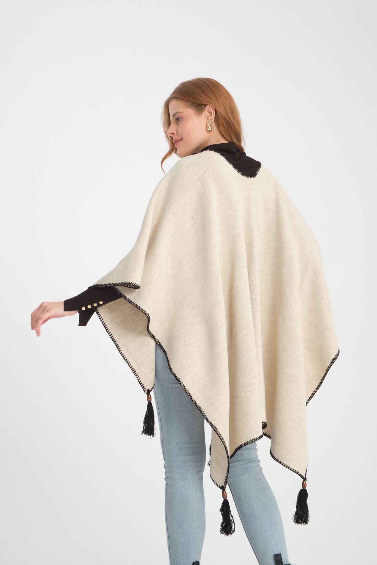 VEGA MODA-Stylish Designed Plain Knitwear Poncho - Button Detailed, Patterned and Interlock 4
