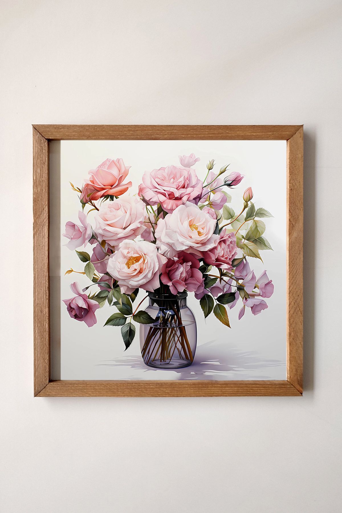 Roses in a Vase with Watercolor Effect Wooden Frame Painting