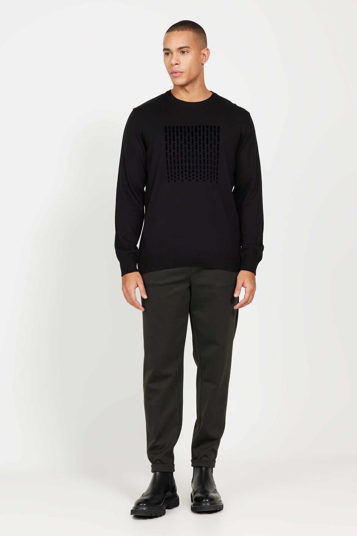 ALTINYILDIZ CLASSICS-Schwarzer gemusterter Strickpullover mit Rundhalsausschnitt für Herren - Regular Fit 2