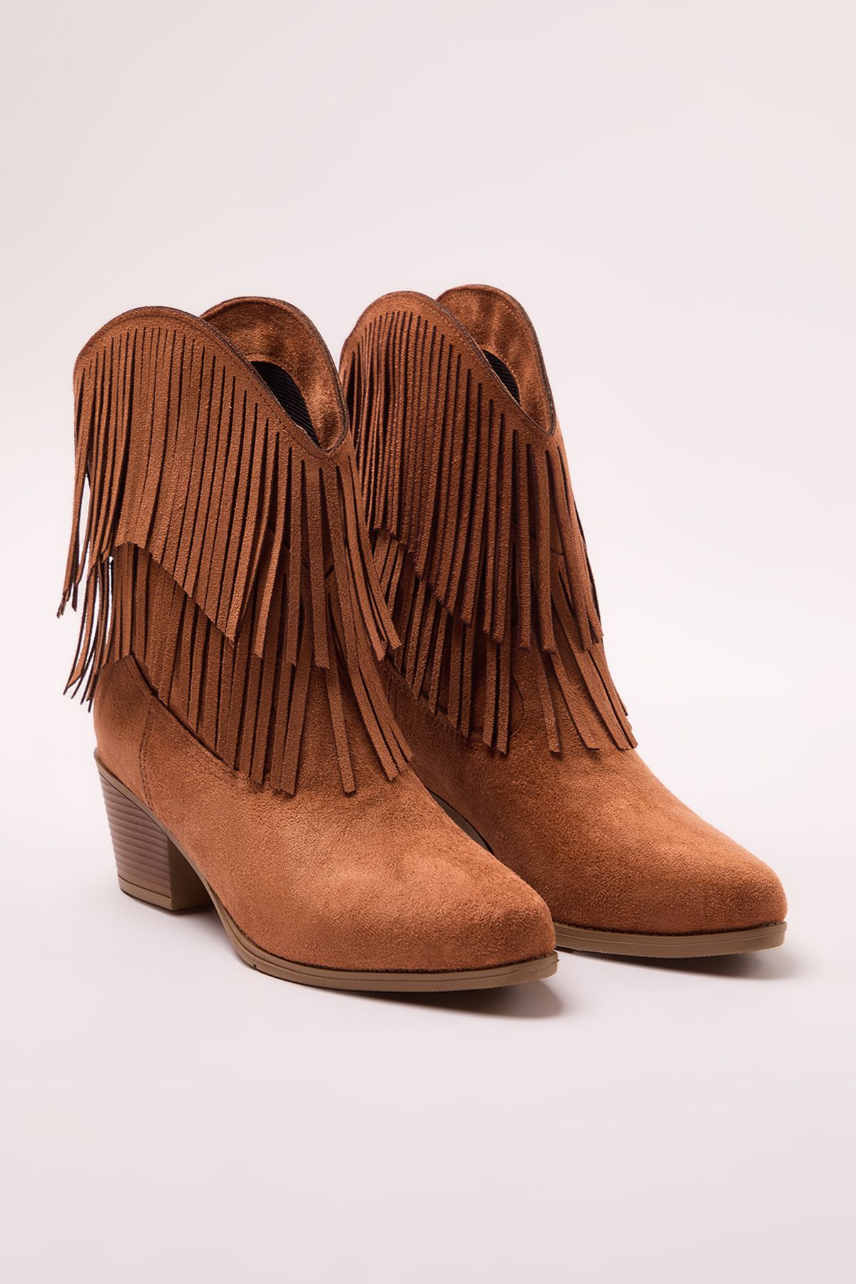 TRENDYOL SHOES-Brązowe zamszowe buty kowbojskie z frędzlami na obcasie blokowym w kolorze tan Takaw25Bo00031 4