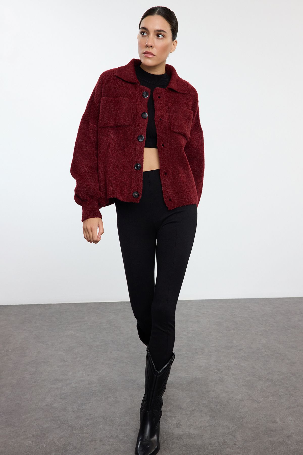 Trendyol Collection-Weinroter Strick-Cardigan – weiche Textur, Mantel-Look TWOAW25HI00162 2