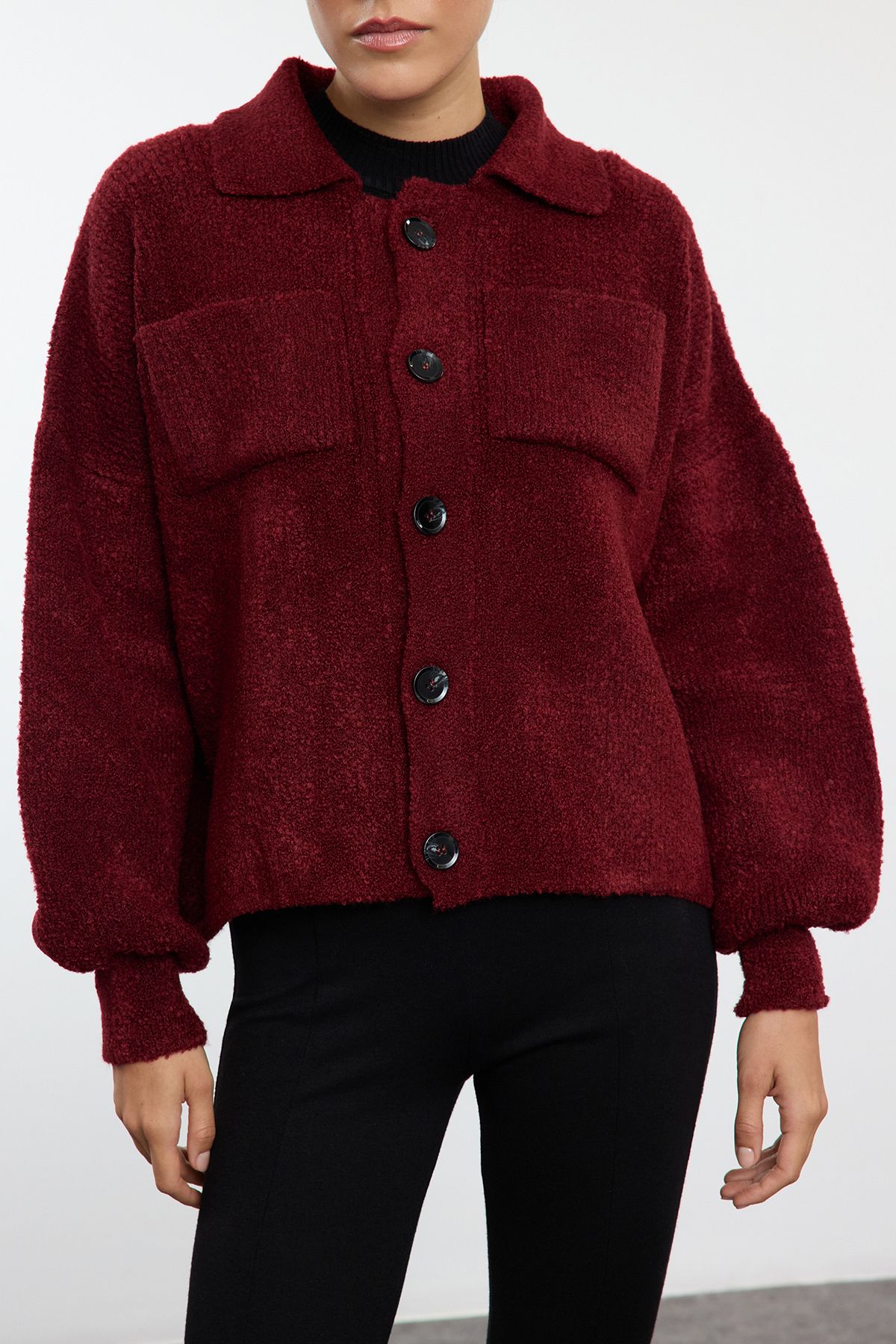 Trendyol Collection-Weinroter Strick-Cardigan – weiche Textur, Mantel-Look TWOAW25HI00162 3