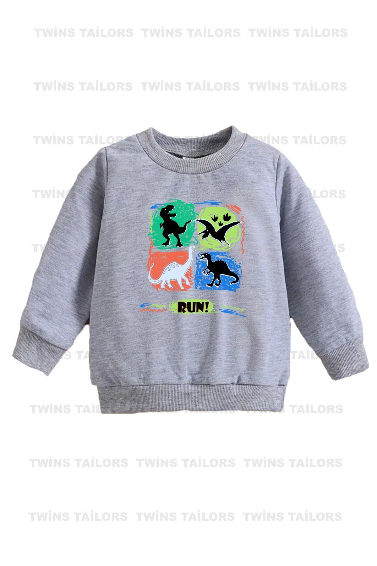 Kaykaylı Kedi Baskılı 3lü Paket Unisex Saks Mavisi-Gri-Lacivert Bisiklet Yaka Çocuk Sweatshirt