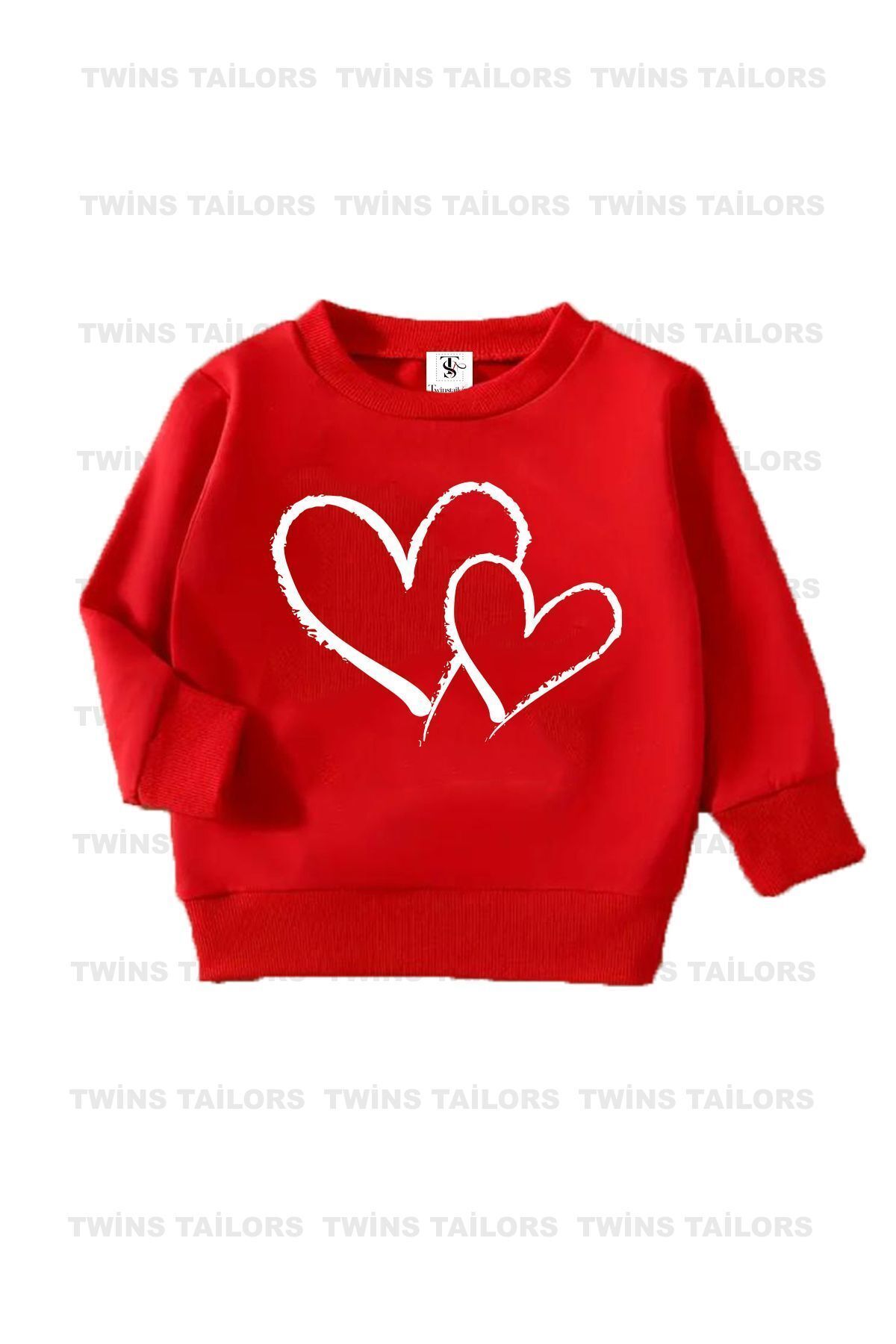 İçi polarlı Kalp Baskılı Kırmızı-Gri-Siyah Üçlü Bisiklet Yaka Kız Çocuk Sweatshirt