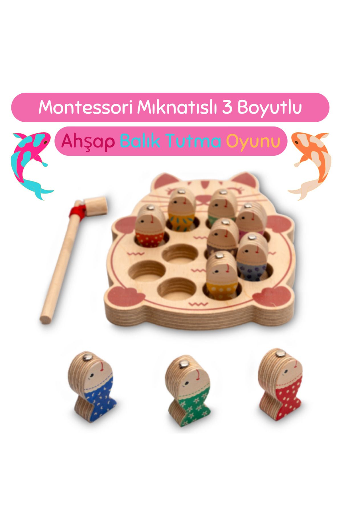 Montessori 3 Boyutlu Eğitici Ahşap Balık Tutma Oyunu / Ahşap Balıklar Ile Eğlenceli Oyun