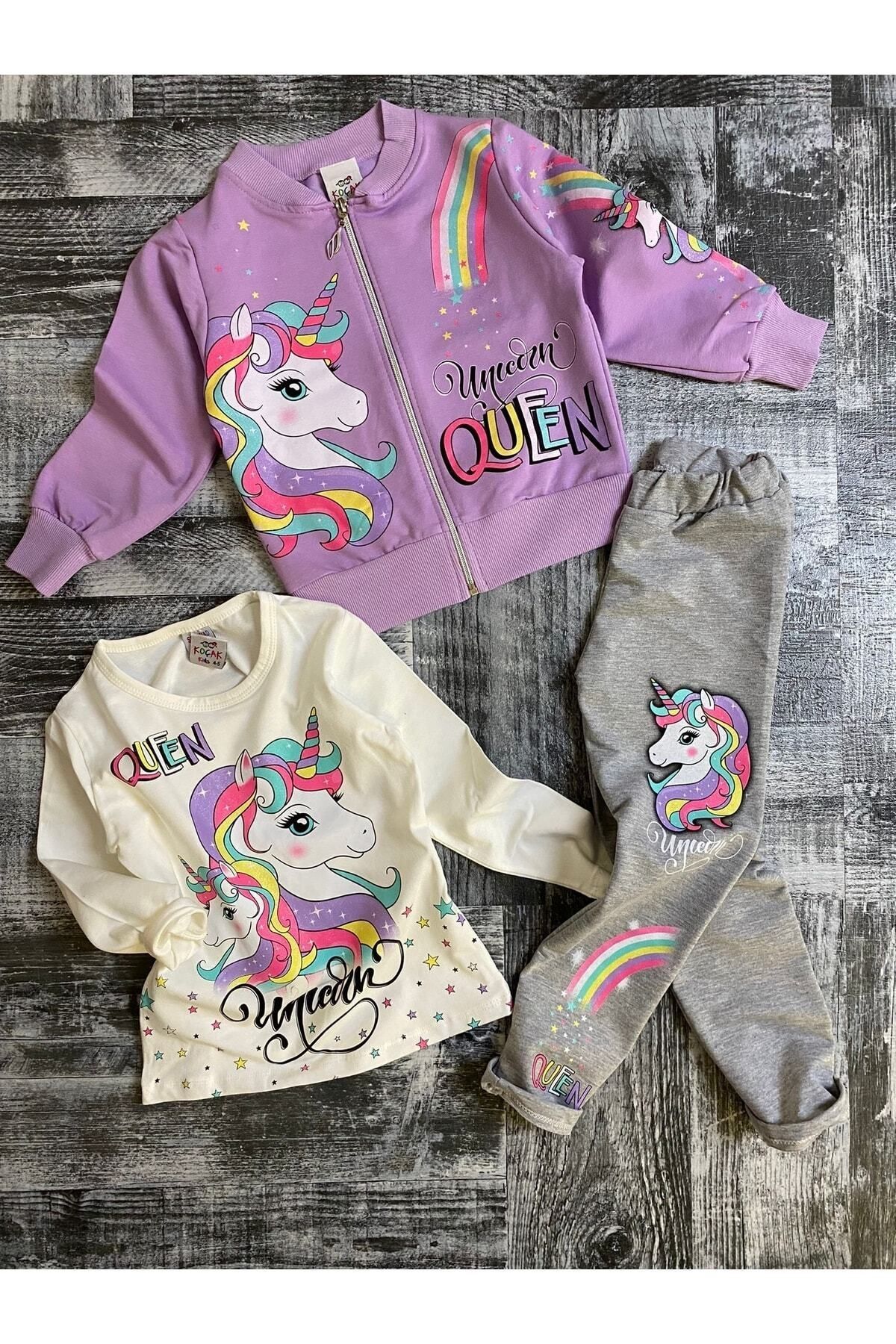 PICCALİLLY-3-teiliges Set aus Strickjacke, Sweatshirt und Strumpfhose aus gekämmter Baumwolle mit Einhorn-Muster für Mädchen 3