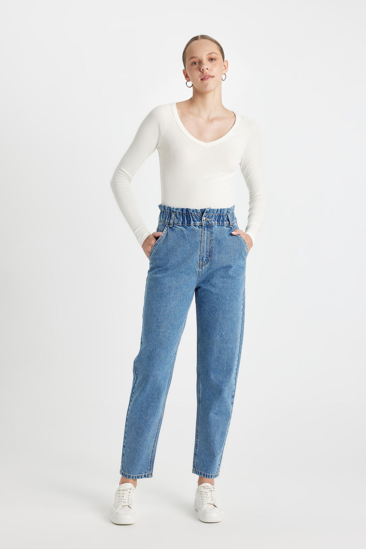 DeFacto-Waschbare, knöchellange Jeans mit hoher Taille – Paperbag-Hose 3