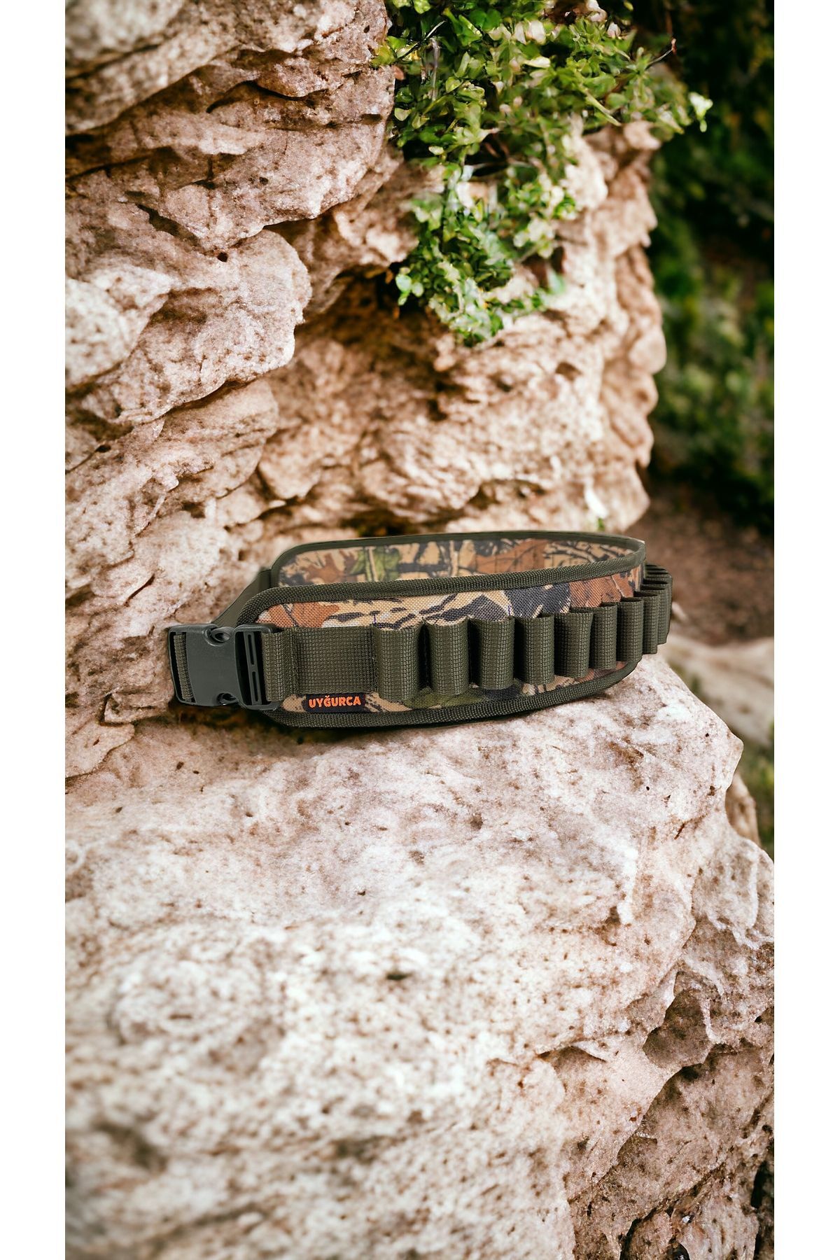 UYĞURCA 30 Fişek Kapasiteli Açık Fişeklik - Haki Şeritli Yaprak Desen Kumaş - 12 Calibre