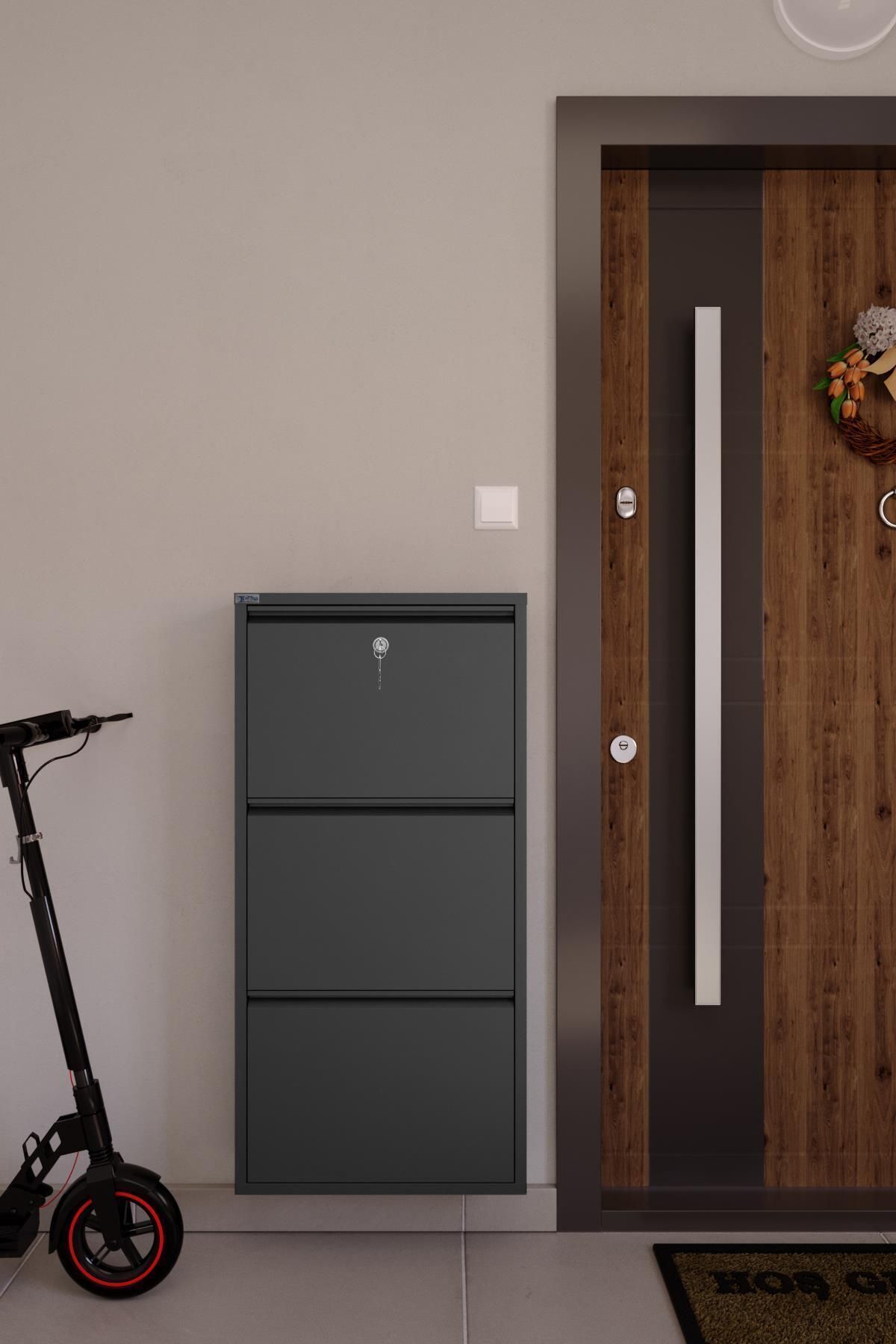 Ceha Kilitli 3'lü Metal Ayakkabılık - Füme