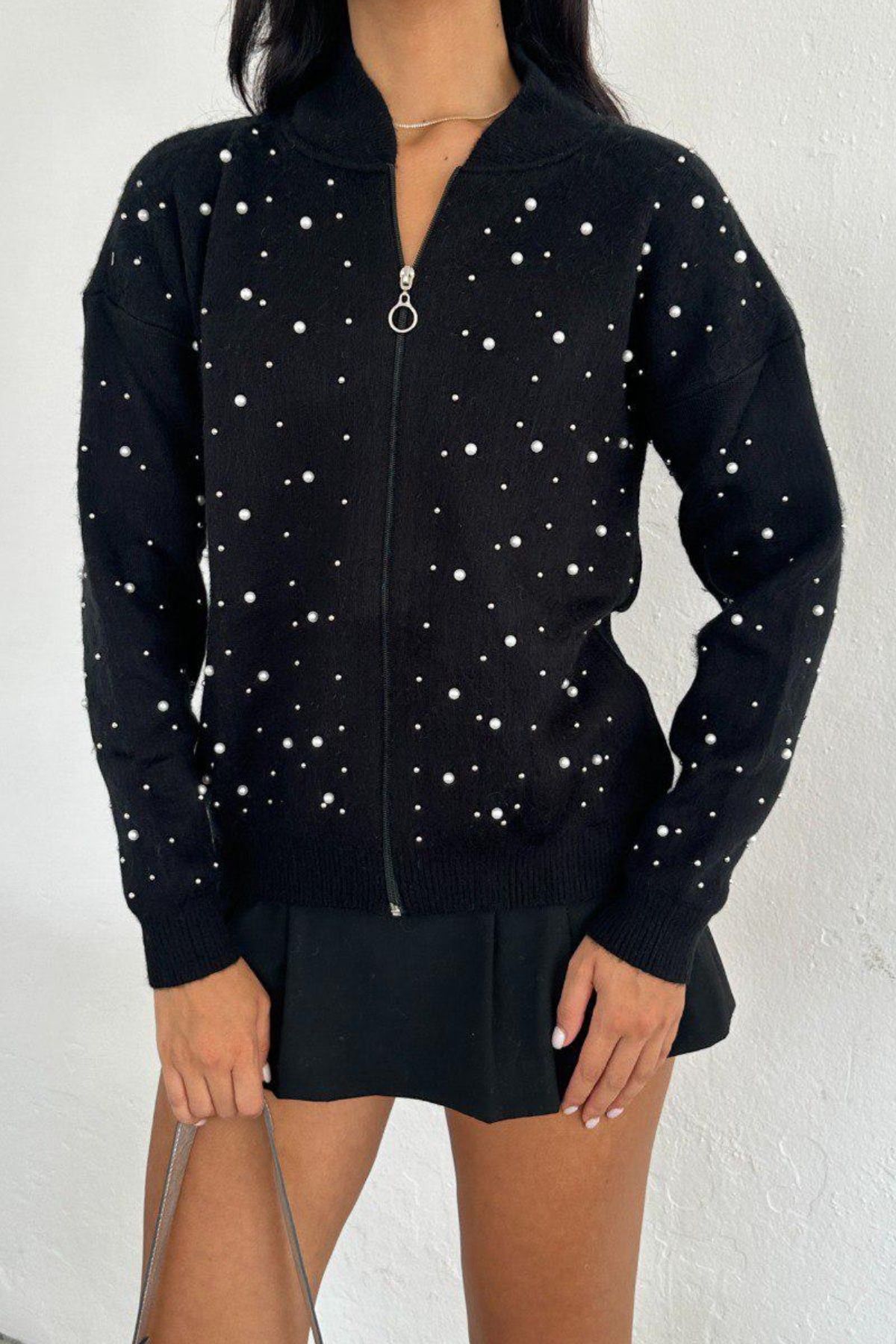 Ded COLLECTION-Cardigan de damă cu fermoar cu perle 1