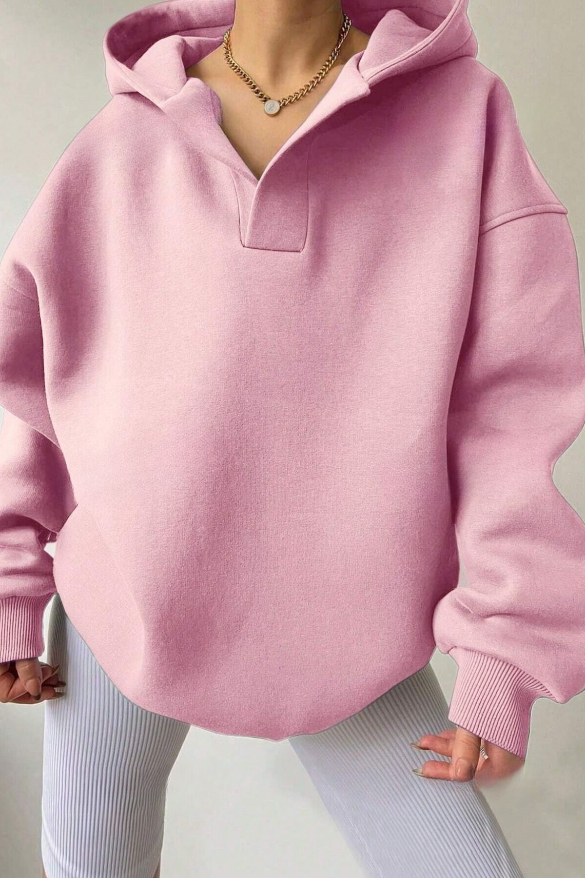 womens 3 yarn pink relax collar detail oversised hooded sweatshirt