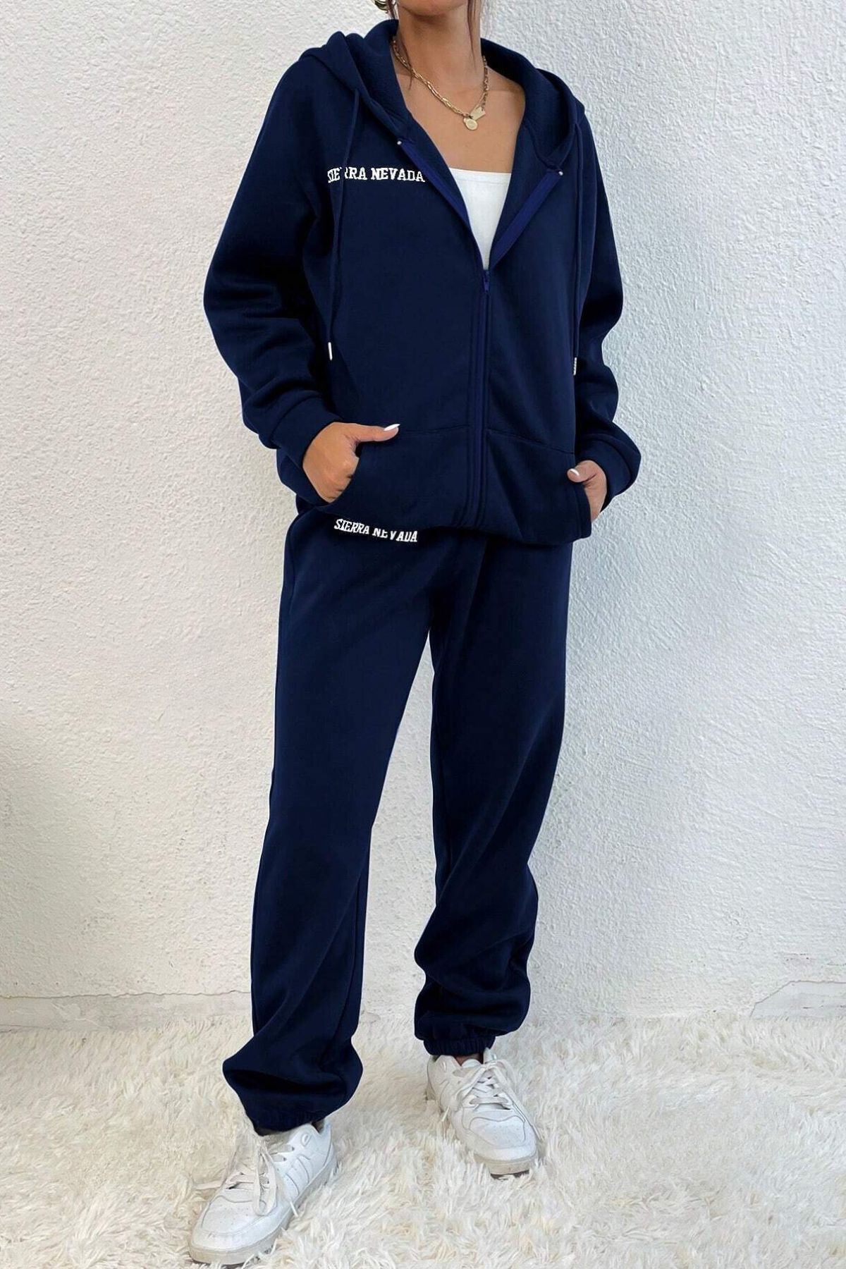 Know-Women's 3 Thread Navy Blue Sierra Printed Cardigan Jogger Oversize Tracksuit Set 6