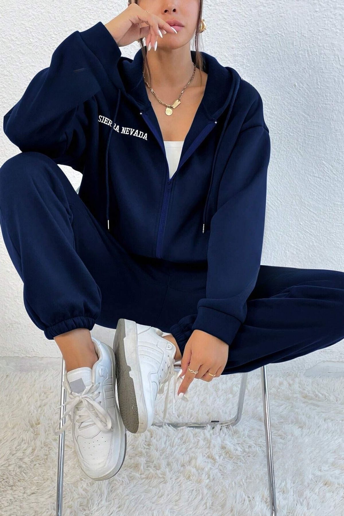 Know-Women's 3 Thread Navy Blue Sierra Printed Cardigan Jogger Oversize Tracksuit Set 4