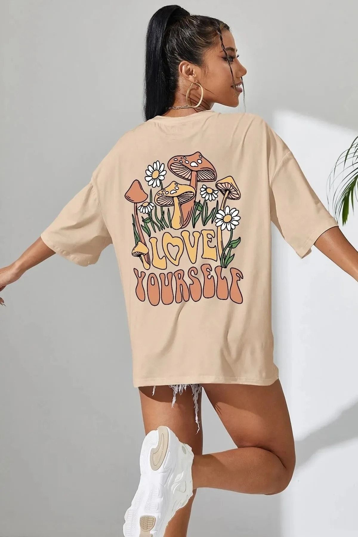 Know-Women's Beige Love Yourself Printed Oversize T-shirt 2