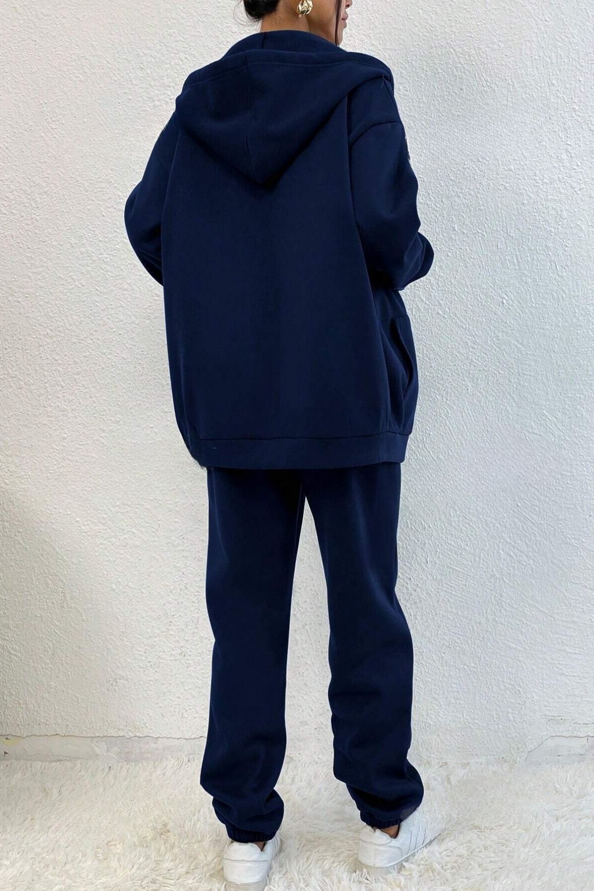 Know-Women's 3 Thread Navy Blue Sierra Printed Cardigan Jogger Oversize Tracksuit Set 2