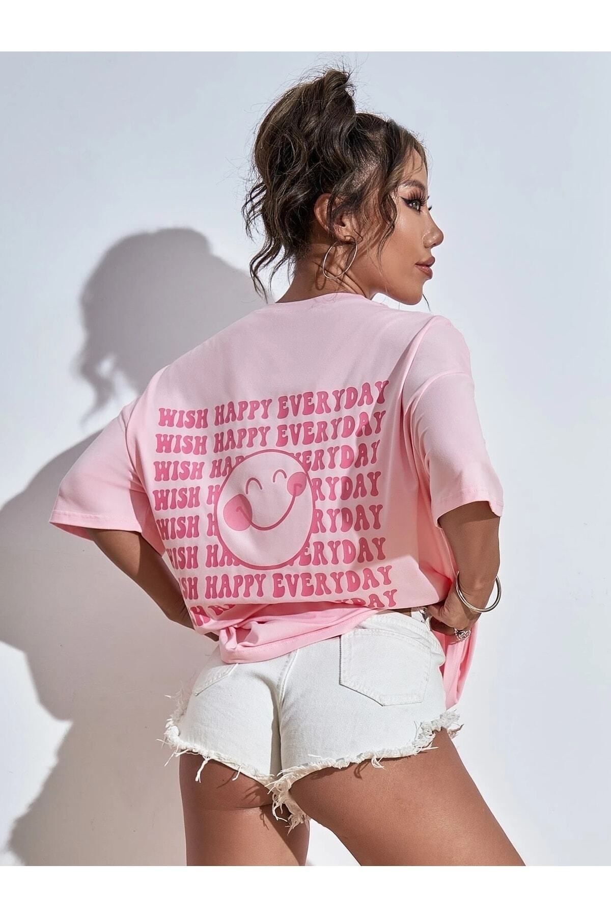 Know Kadın Pembe Wish Happy Everyday Baskılı Oversize T-shirt