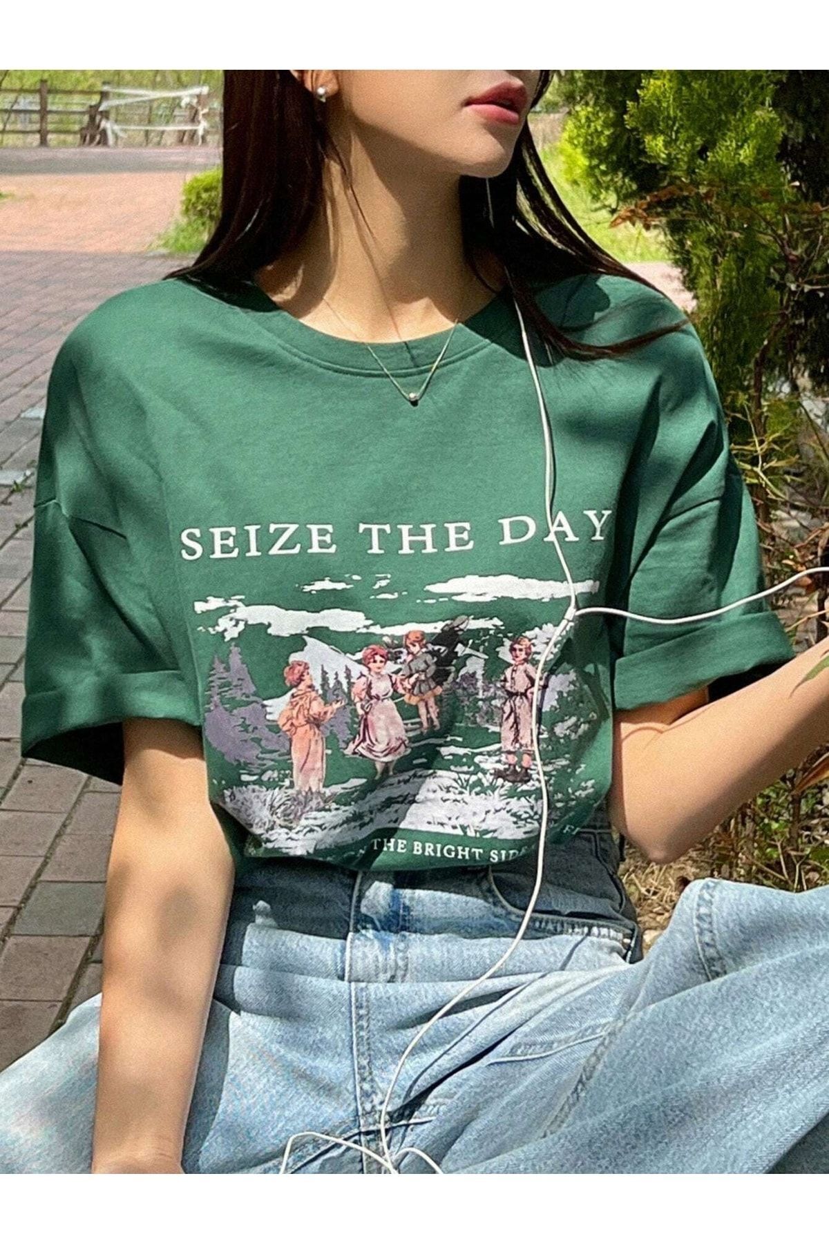 Know-Women's Navy Blue Seize The Day Printed Oversize T-shirt 6